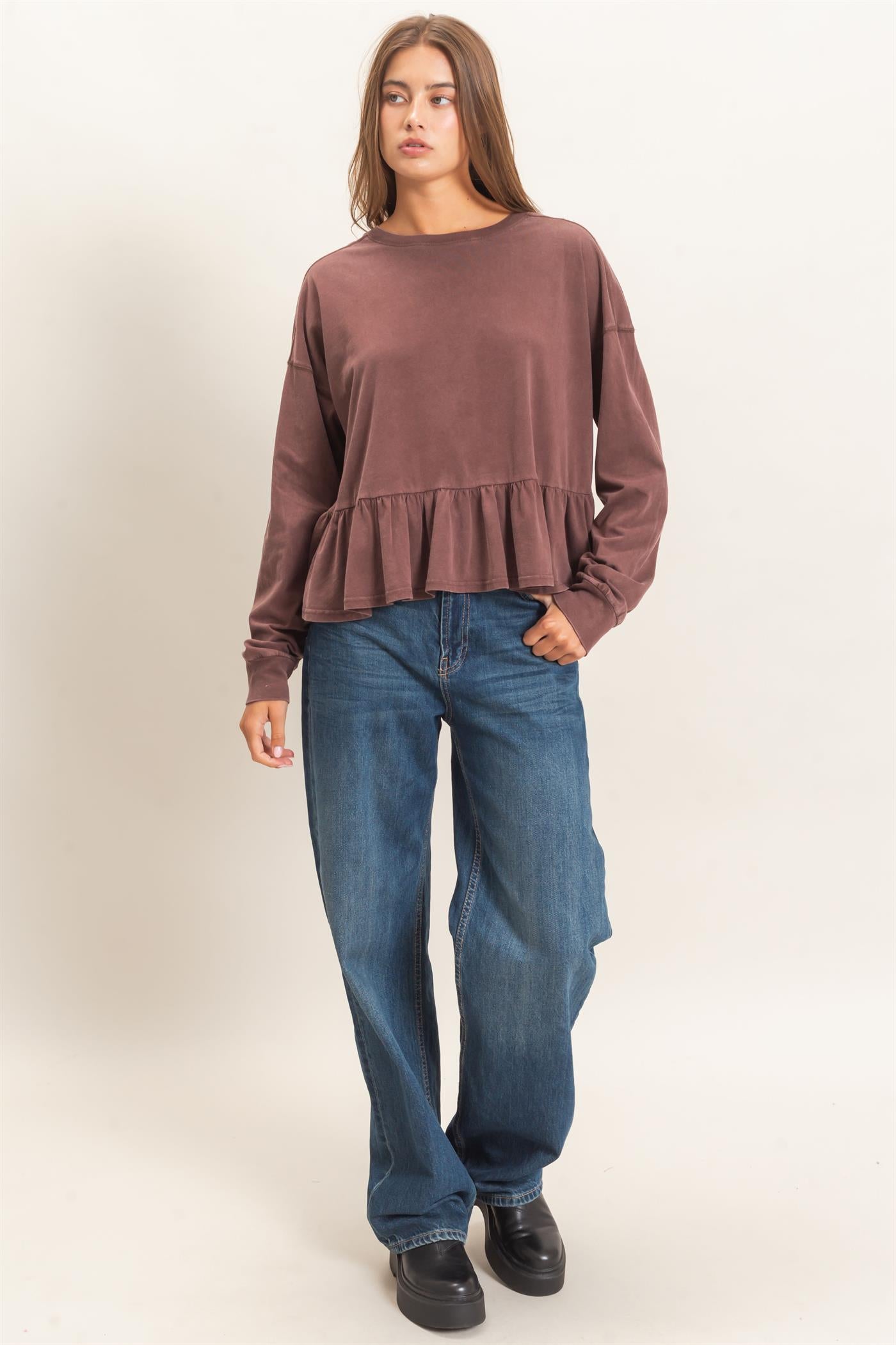 Wholesale Peplum Long Sleeve Top Clothing Tops DZ26F397 DARK BROWN DOUBLE ZERO