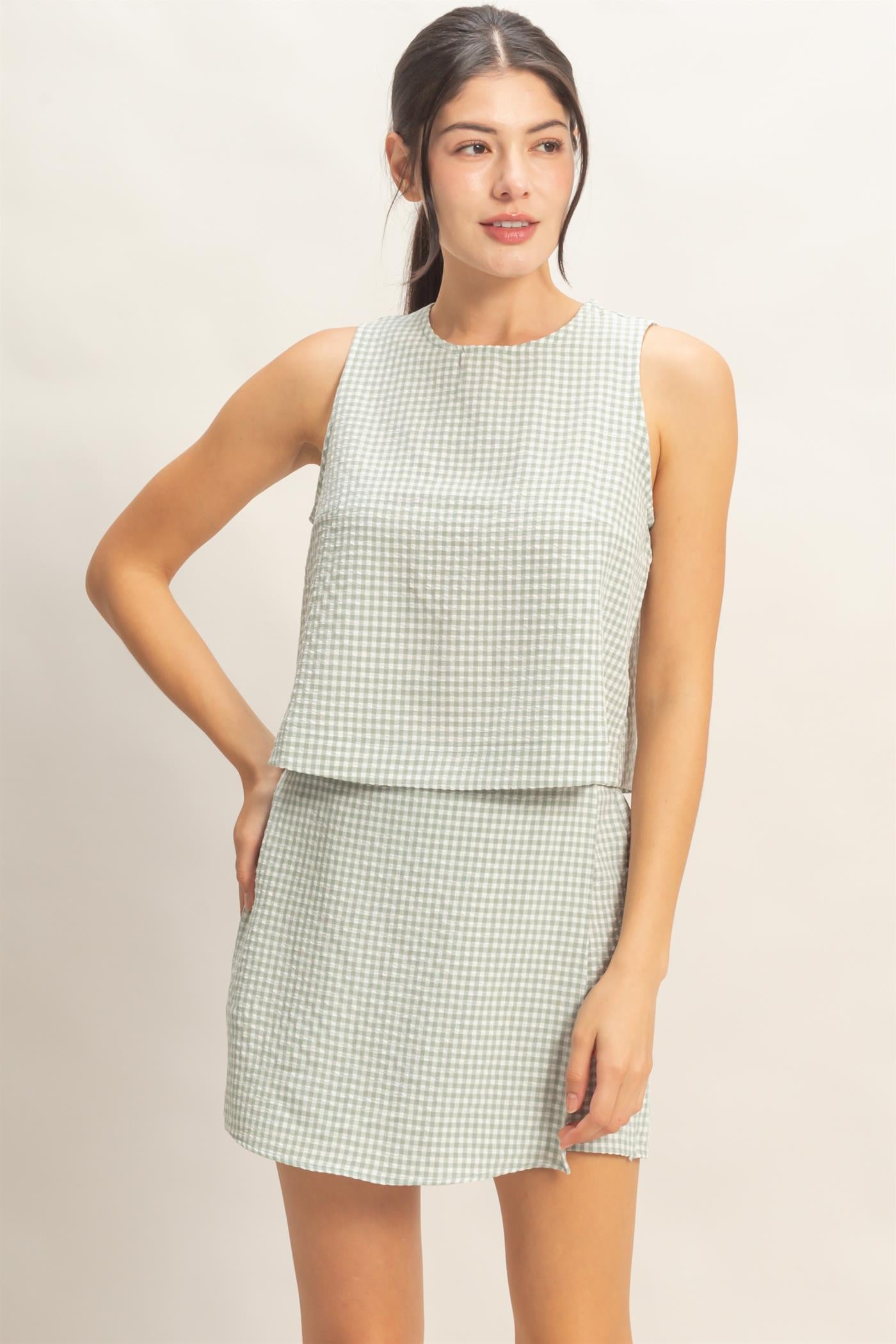 Wholesale Gingham Checkered Sleeveless Top And Skort Set Clothing DZ26C688-SET SAGE GREEN DOUBLE ZERO