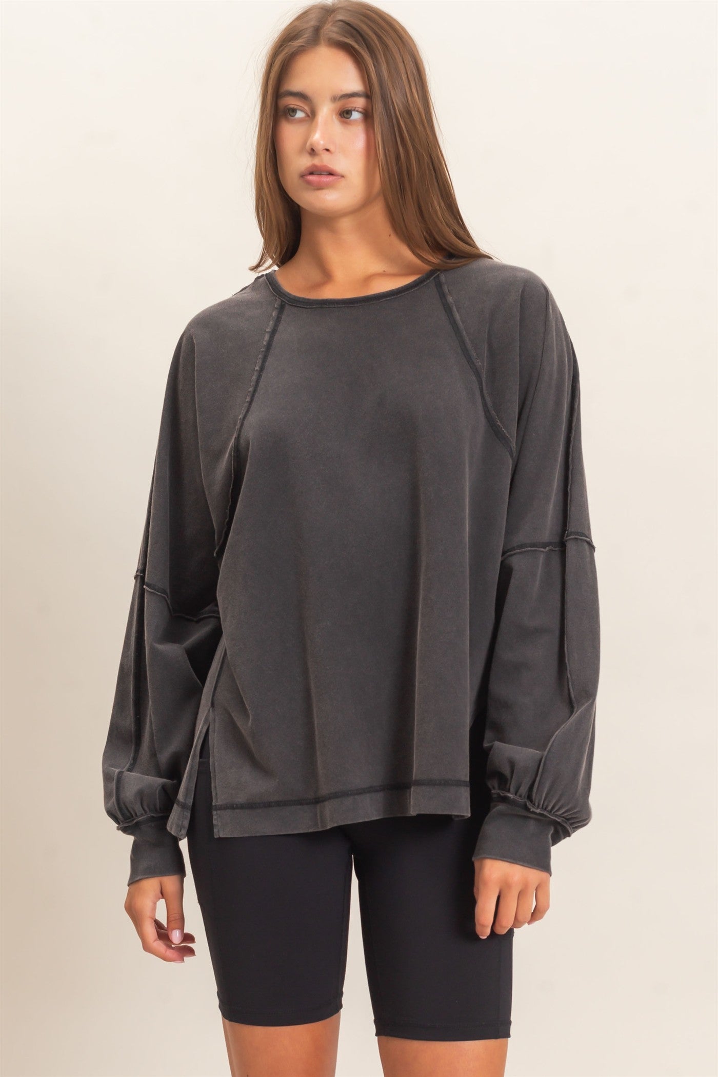 Wholesale Raglan Sleeve Snow Wash Top Shirts DZ26E945 BLACK DOUBLE ZERO
