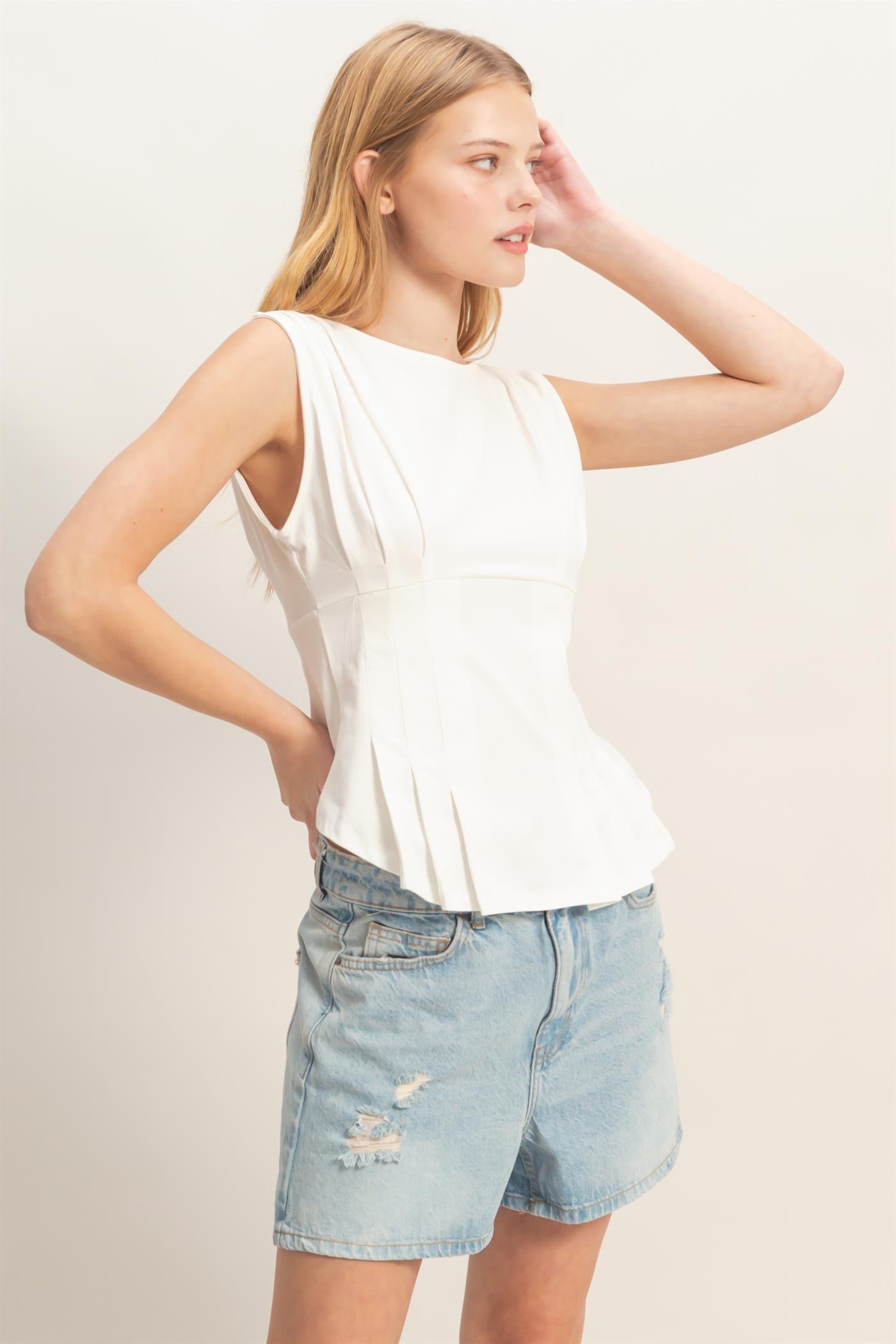 Wholesale Sleeveless Peplum Top Clothing Tops HF26A773 IVORY HYFVE