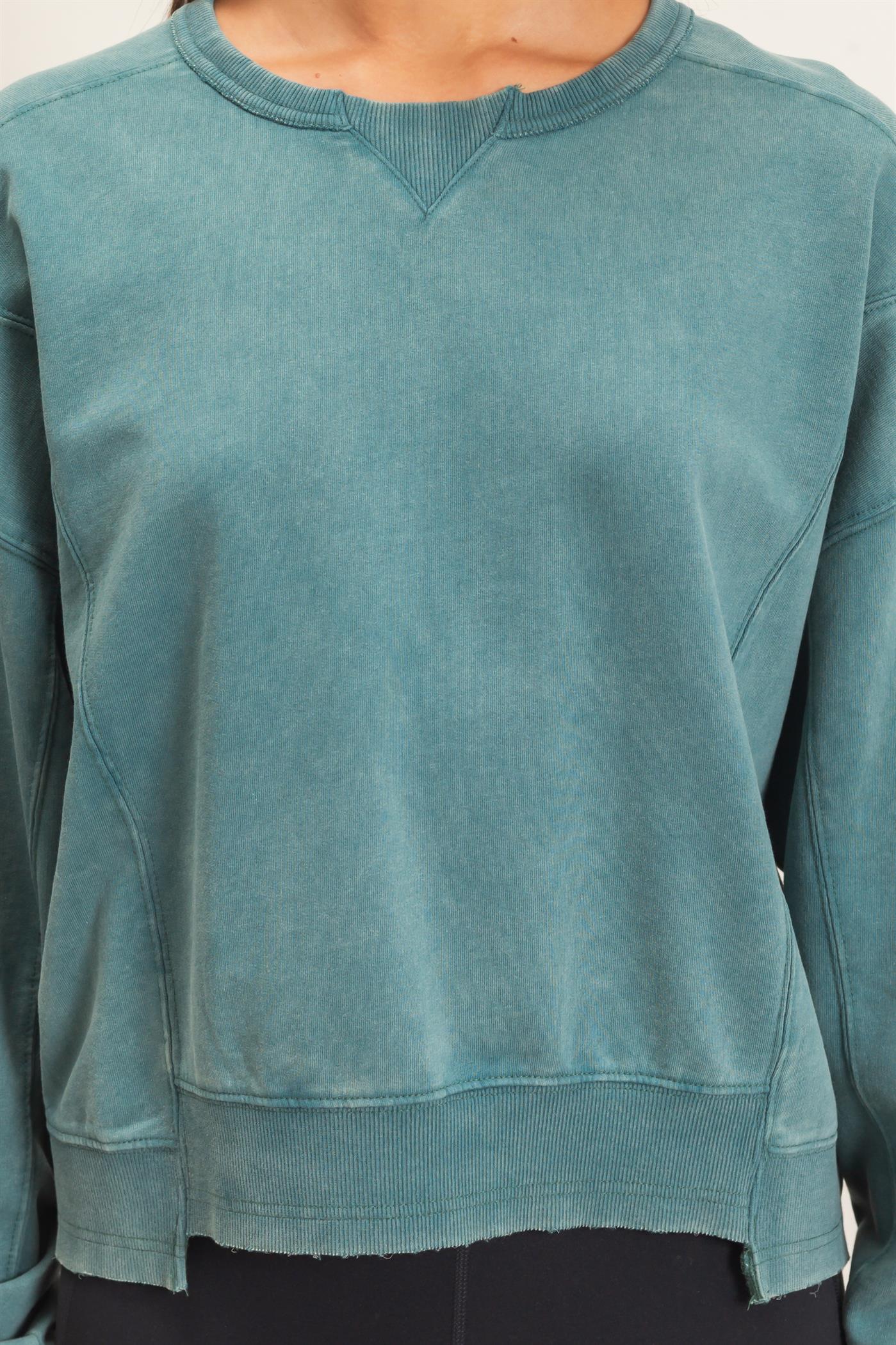 Wholesale Acid Wash Seam Detail Crew Neck Sweatshirt Sweatshirts DZ26E260 DARK TEAL DOUBLE ZERO