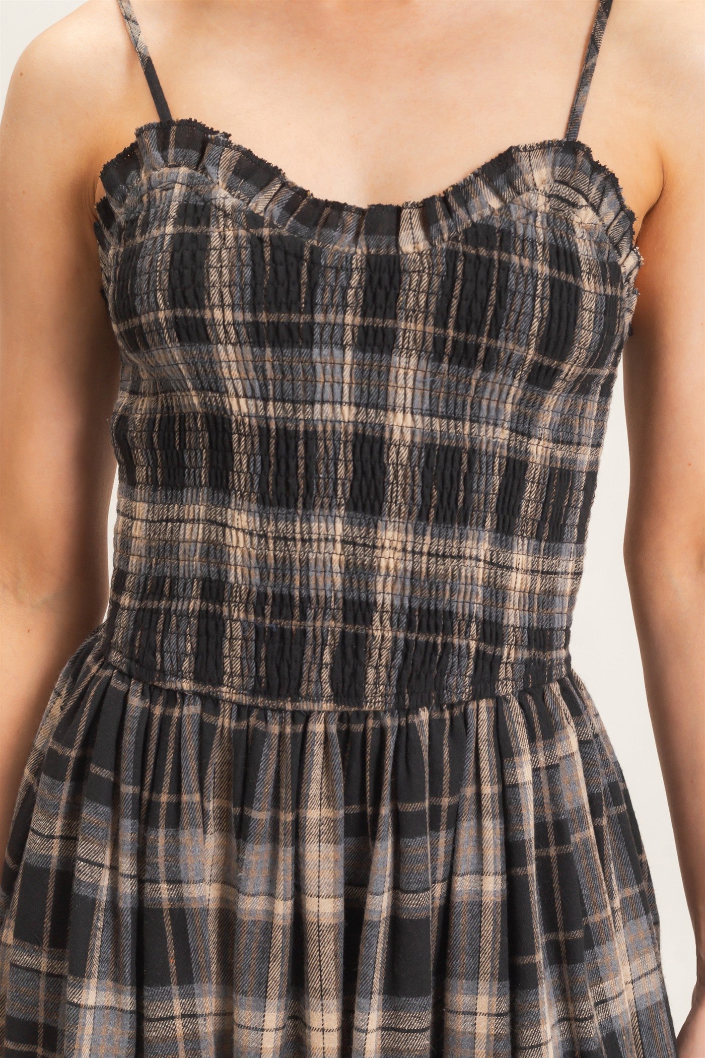 Wholesale Plaid Smocked Maxi Dress Dresses HF26C898 BLACK HYFVE