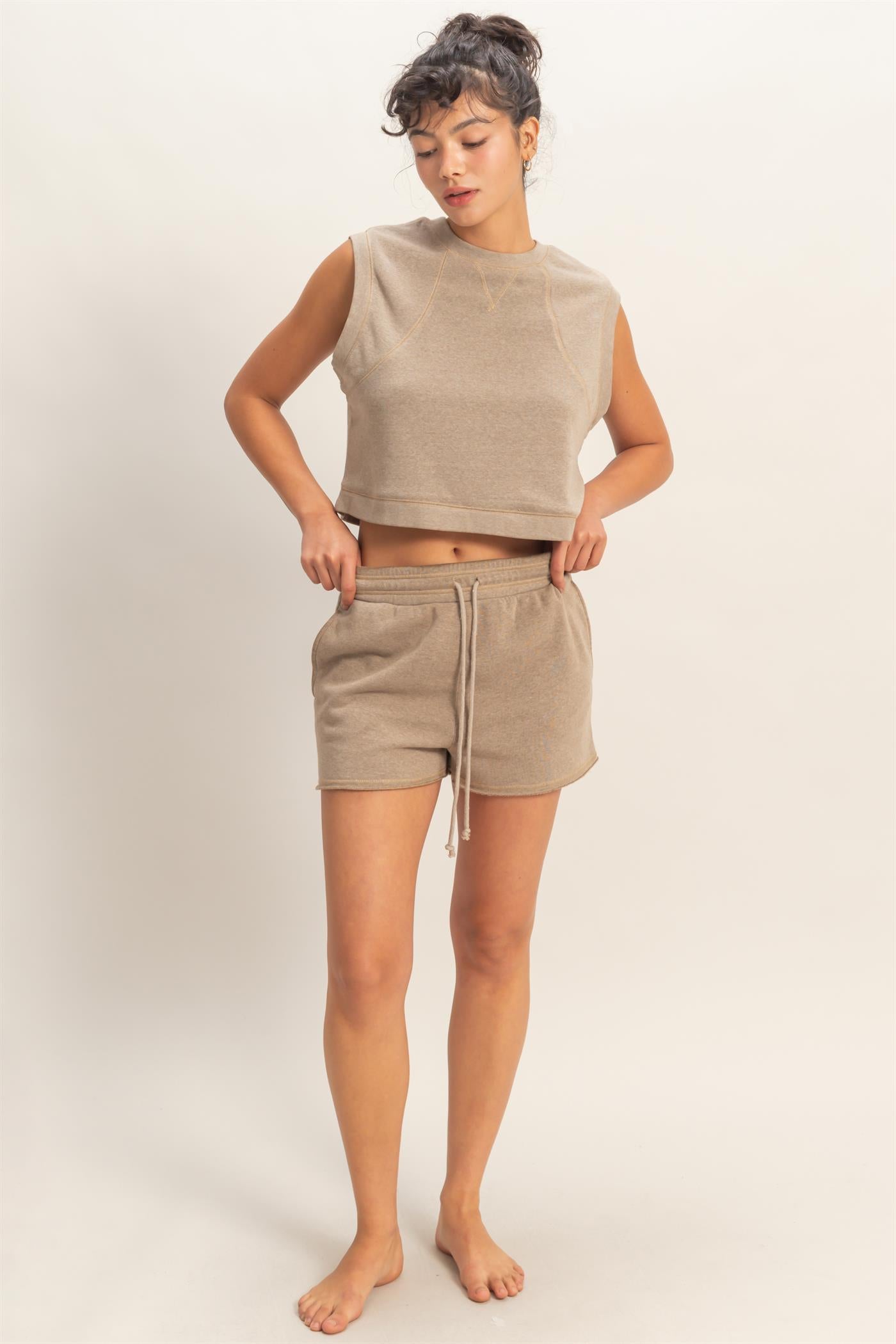 Wholesale Burnout French Terry Sleeveless Top & Shorts Set Clothing Tops DZ26A171-SET MOCHA DOUBLE ZERO
