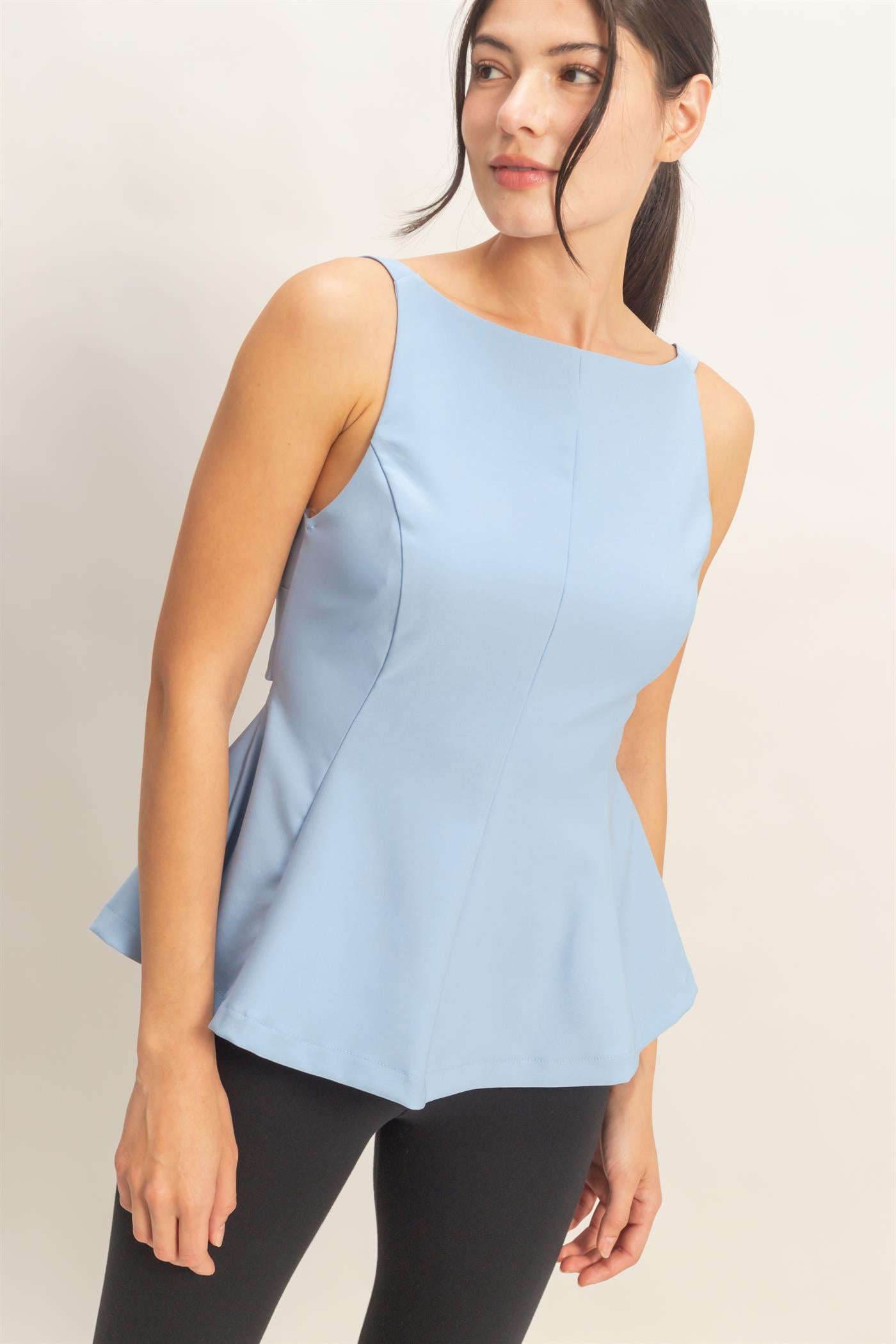 Wholesale Sleeveless Open Back Peplum Top Clothing Tops HF26A292 BLUE HYFVE