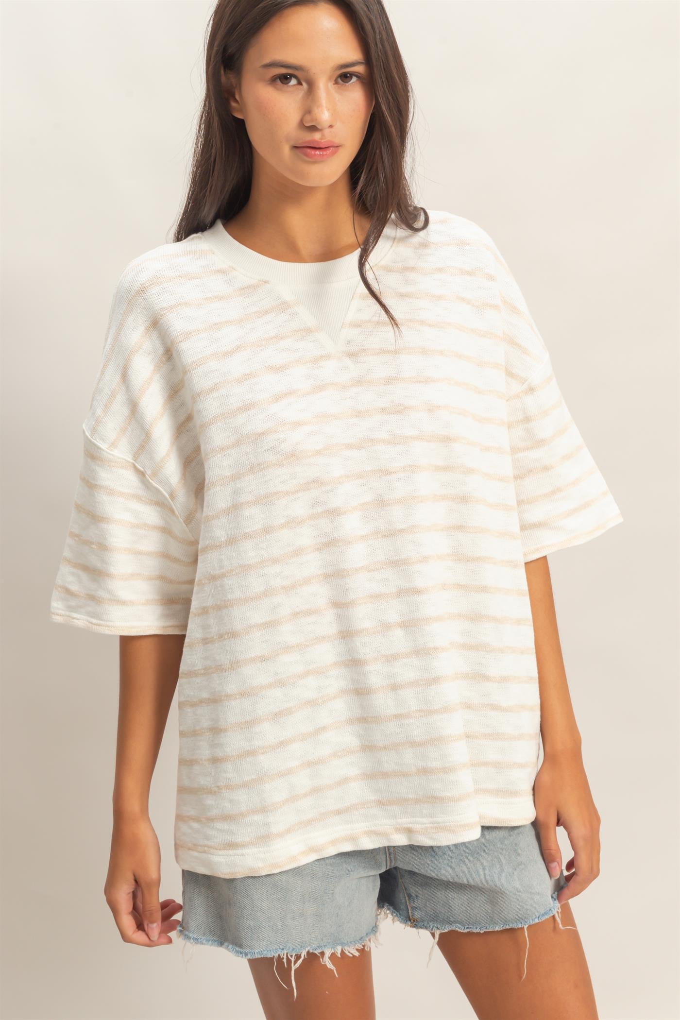 Wholesale Oversized Striped V-Stitch Short Sleeve Top Clothing Tops DZ26A455 TAUPE DOUBLE ZERO