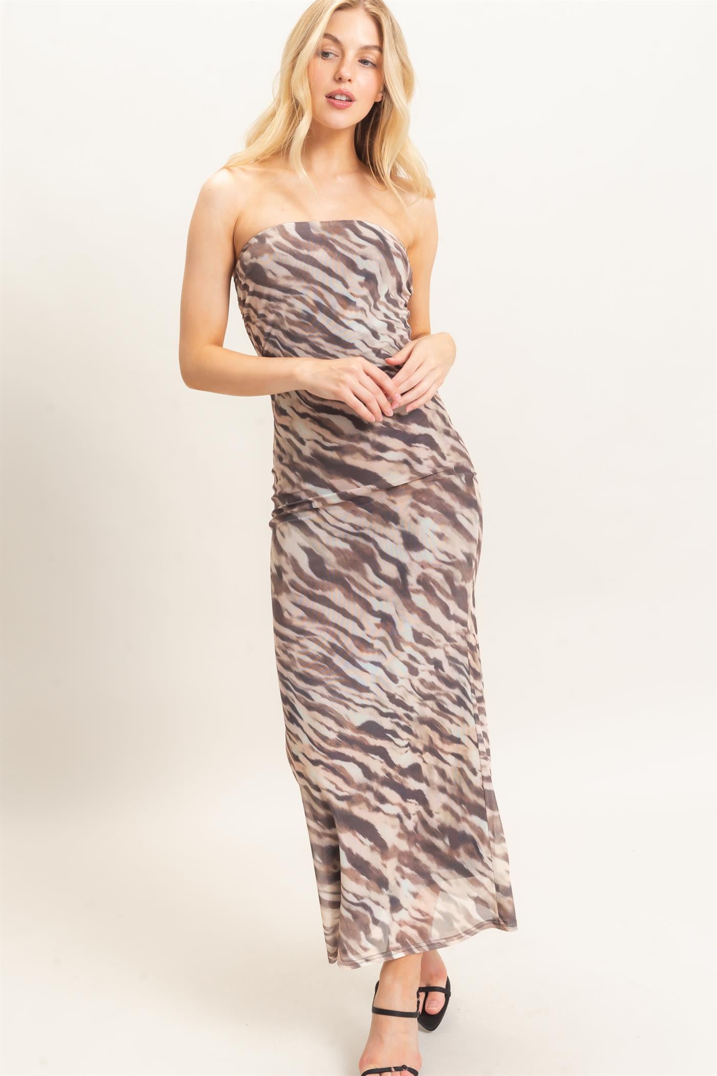 Wholesale Strapless Printed Mesh Maxi Dress Dresses HF26F212 TAUPE/ANIMAL HYFVE