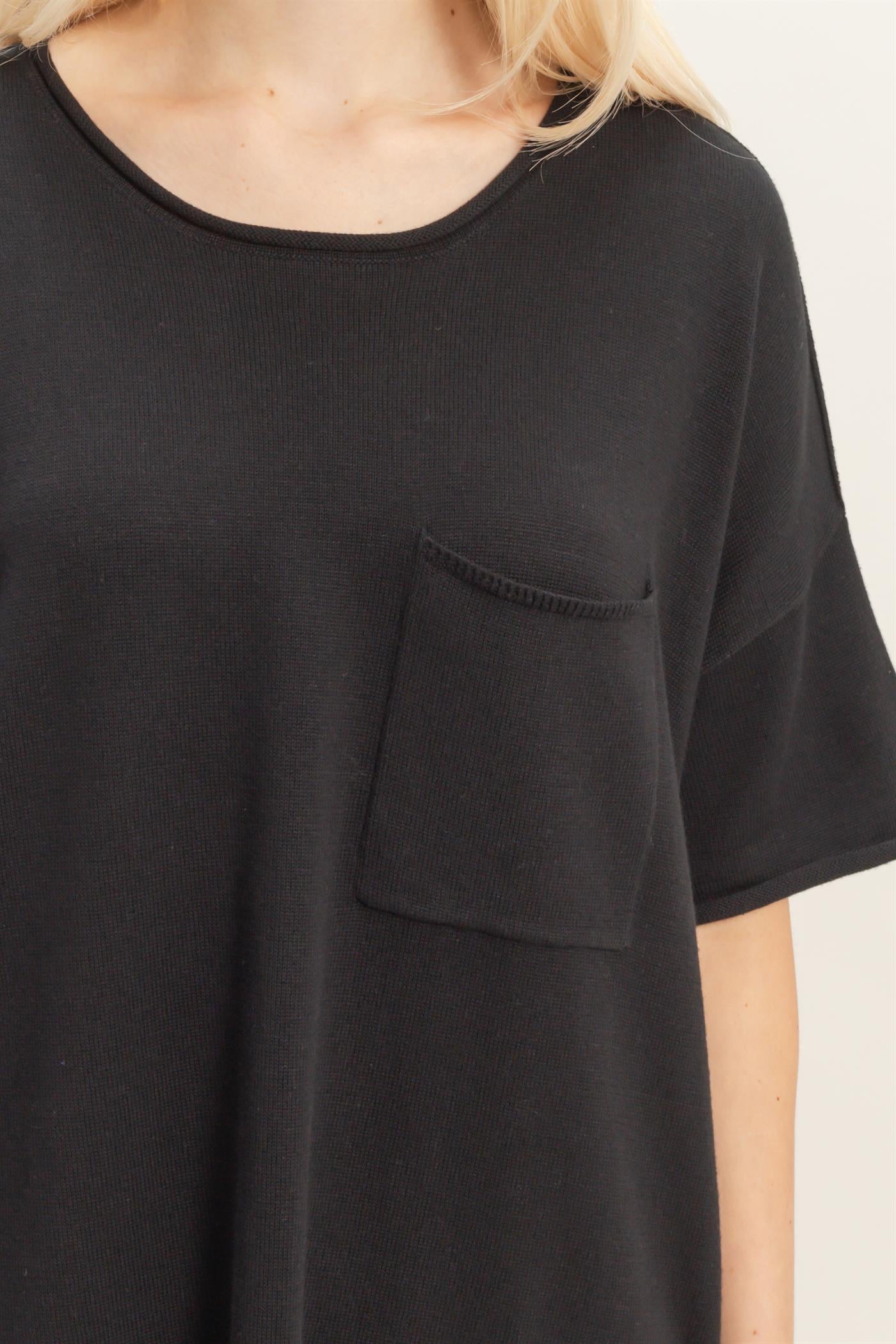 Wholesale Oversized Short Sleeve Round Neck Pocket Knit Top Clothing Tops DZ26A691 BLACK DOUBLE ZERO