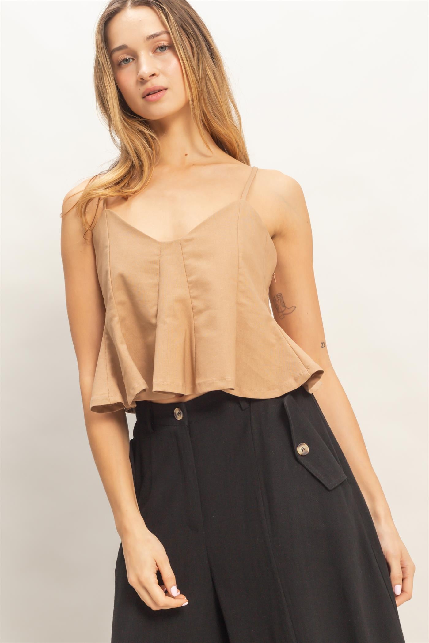 Wholesale Spaghetti Strap Peplum Top Blouses HF26A613 DARK TAUPE HYFVE