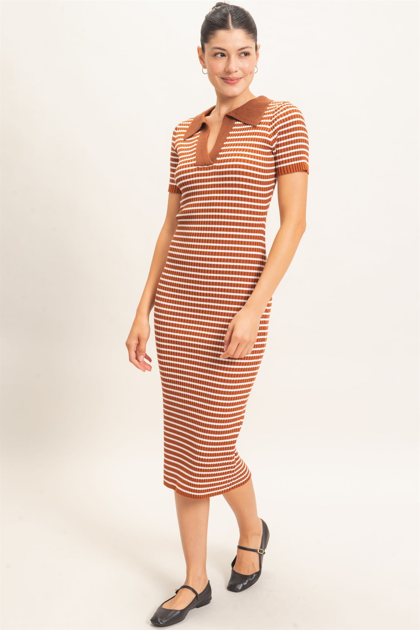 Wholesale Ribbed Collared Midi Dress Dresses HF26E216 BROWN HYFVE