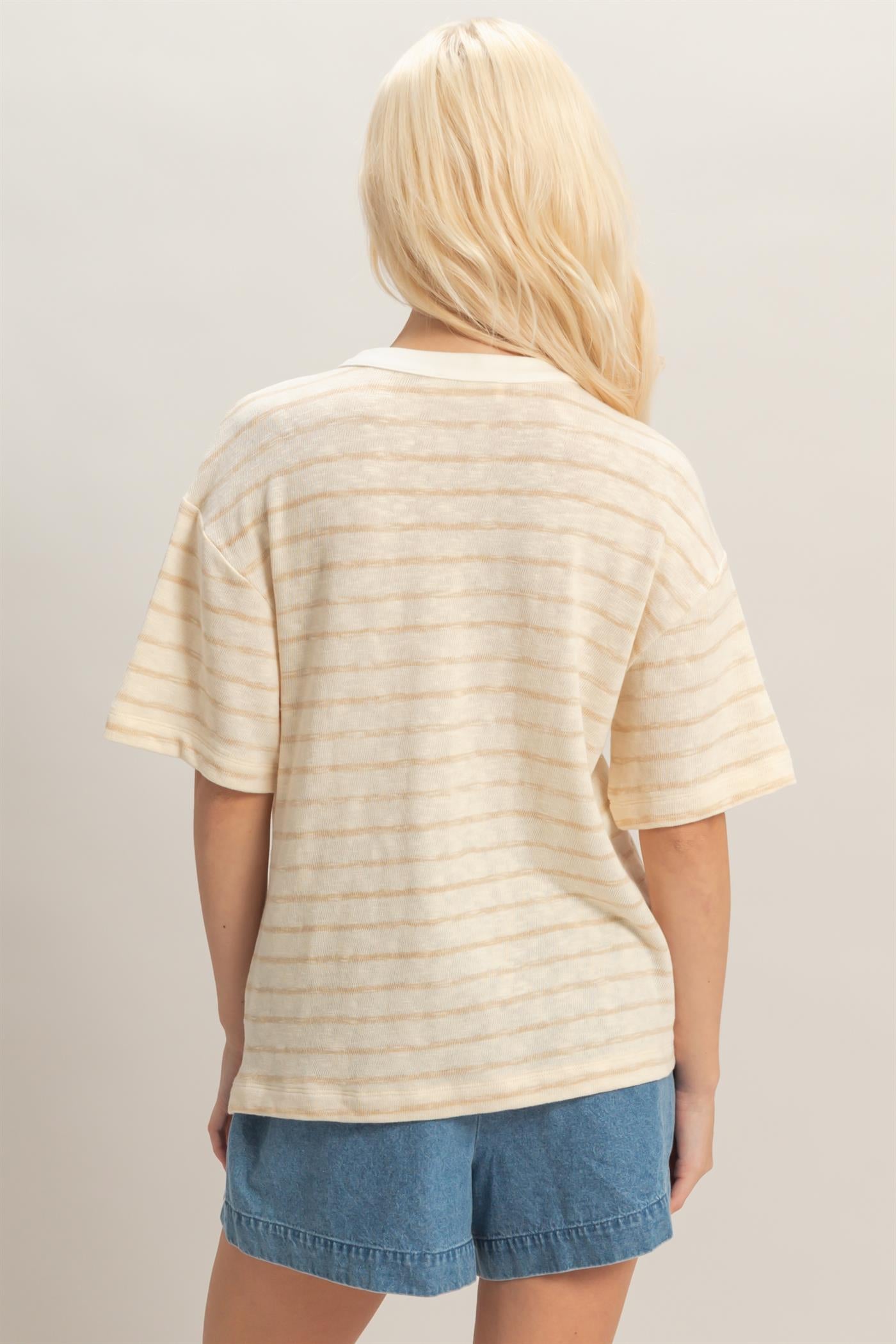 Wholesale Striped Short Sleeve Henley Top Clothing Tops DZ26A653 TAUPE DOUBLE ZERO