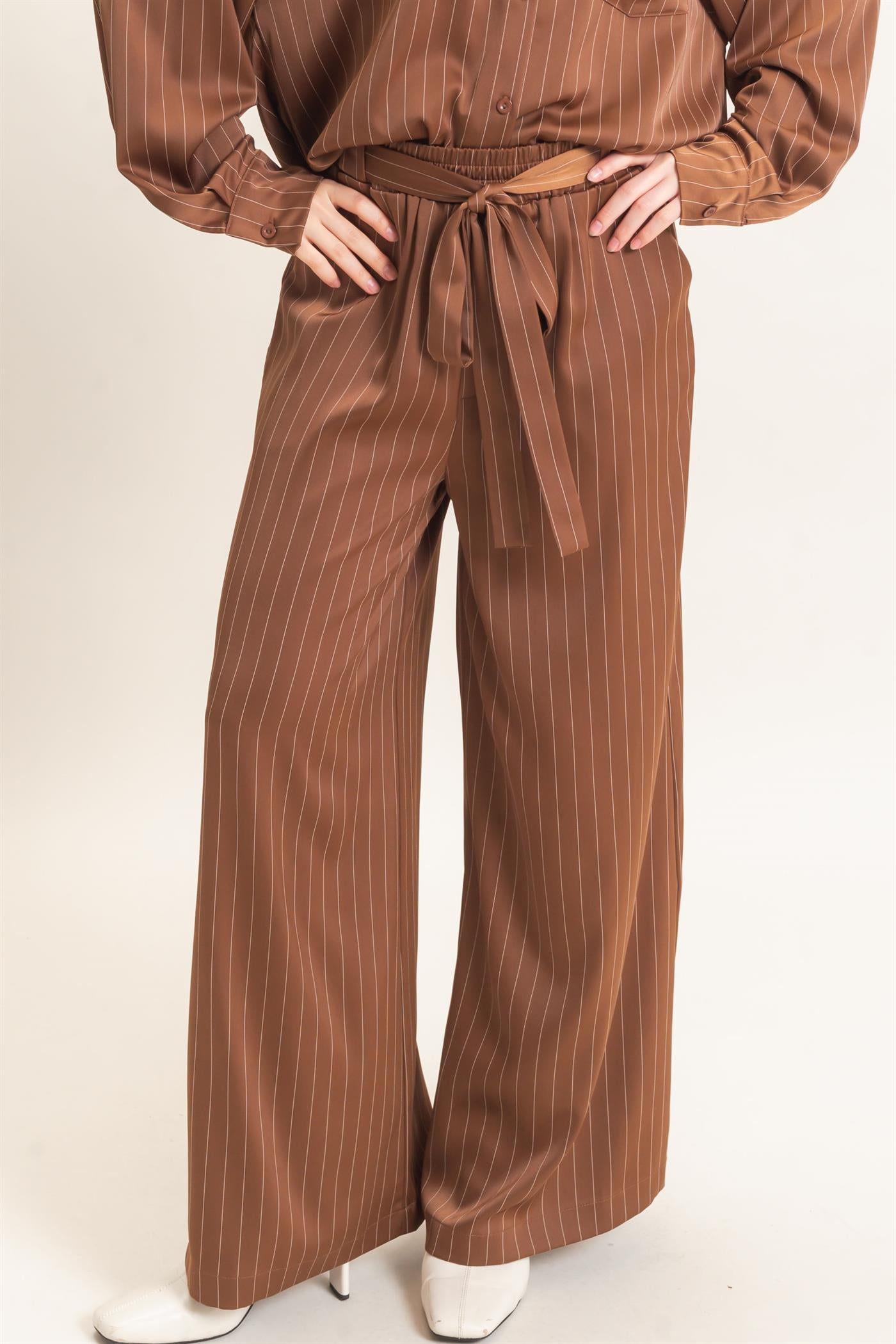 Wholesale Pinstripe Wide-Leg Pants Pants HF25F030 CHOCOLATE HYFVE