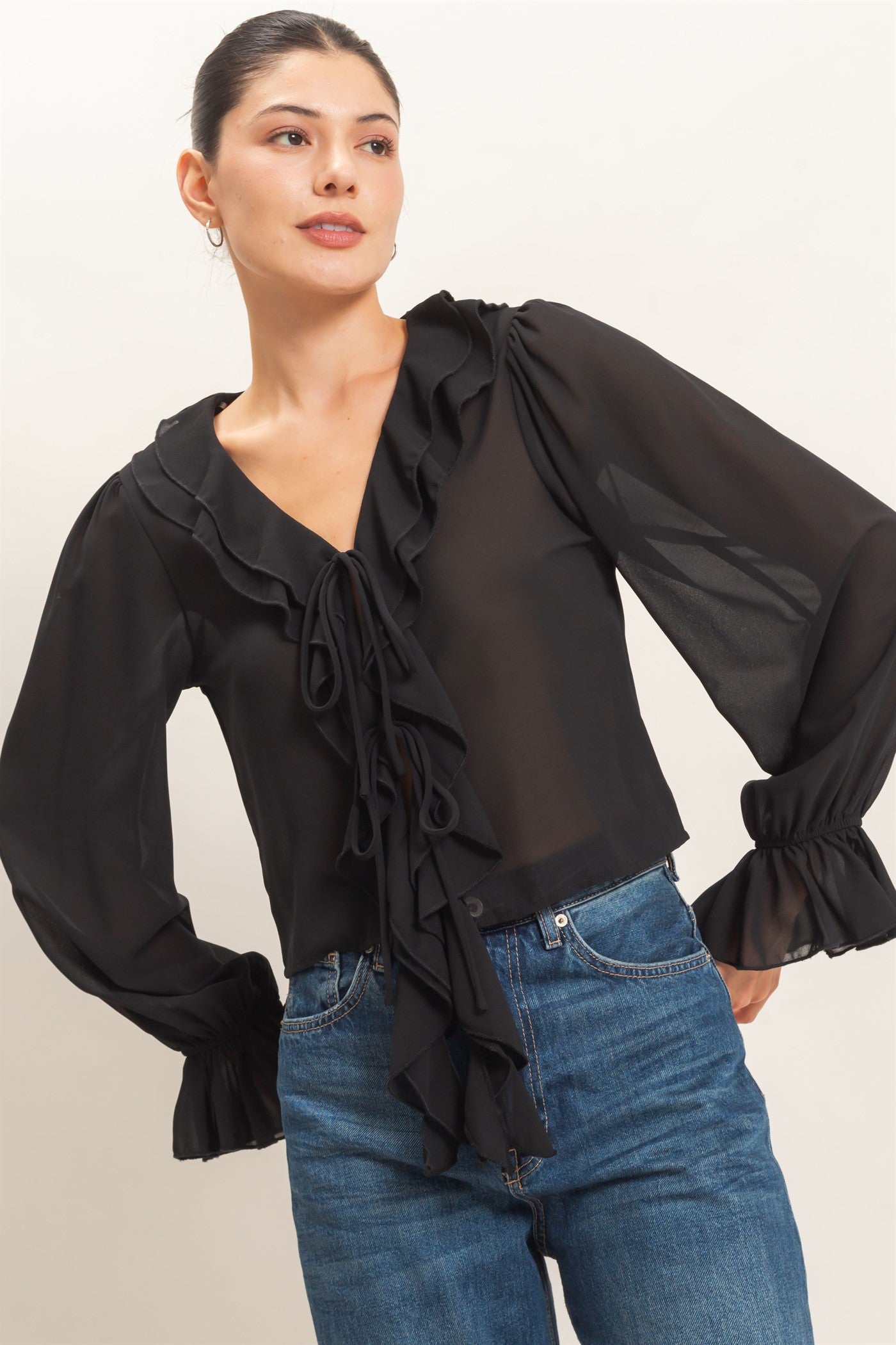 Wholesale Ruffled V-Neck Blouse Blouses HF26F066 BLACK HYFVE