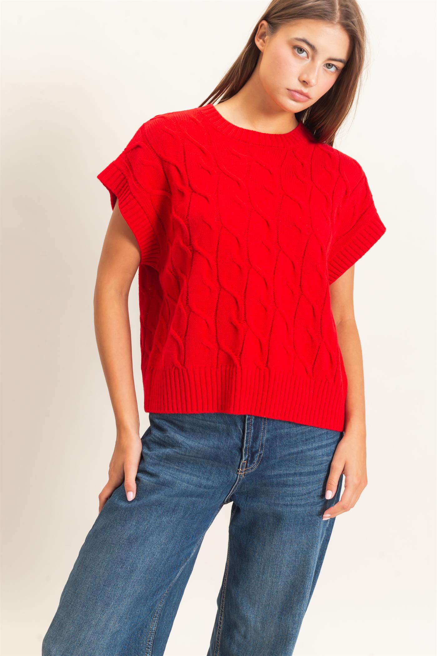 Wholesale Cable Knit Cap Sleeve Sweater Sweaters DZ26C974 RED DOUBLE ZERO