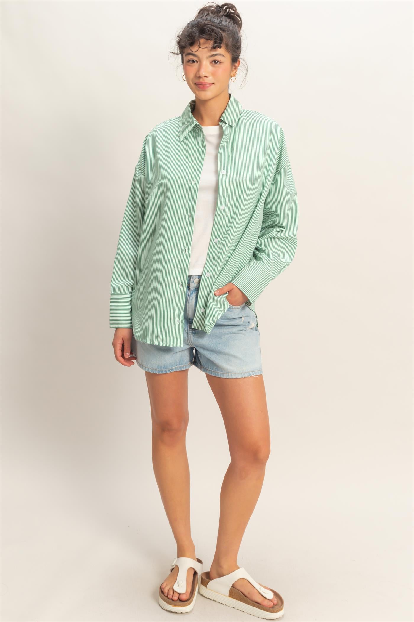 Wholesale Striped Button-Up Shirt Shirts DZ26A737 GREEN DOUBLE ZERO