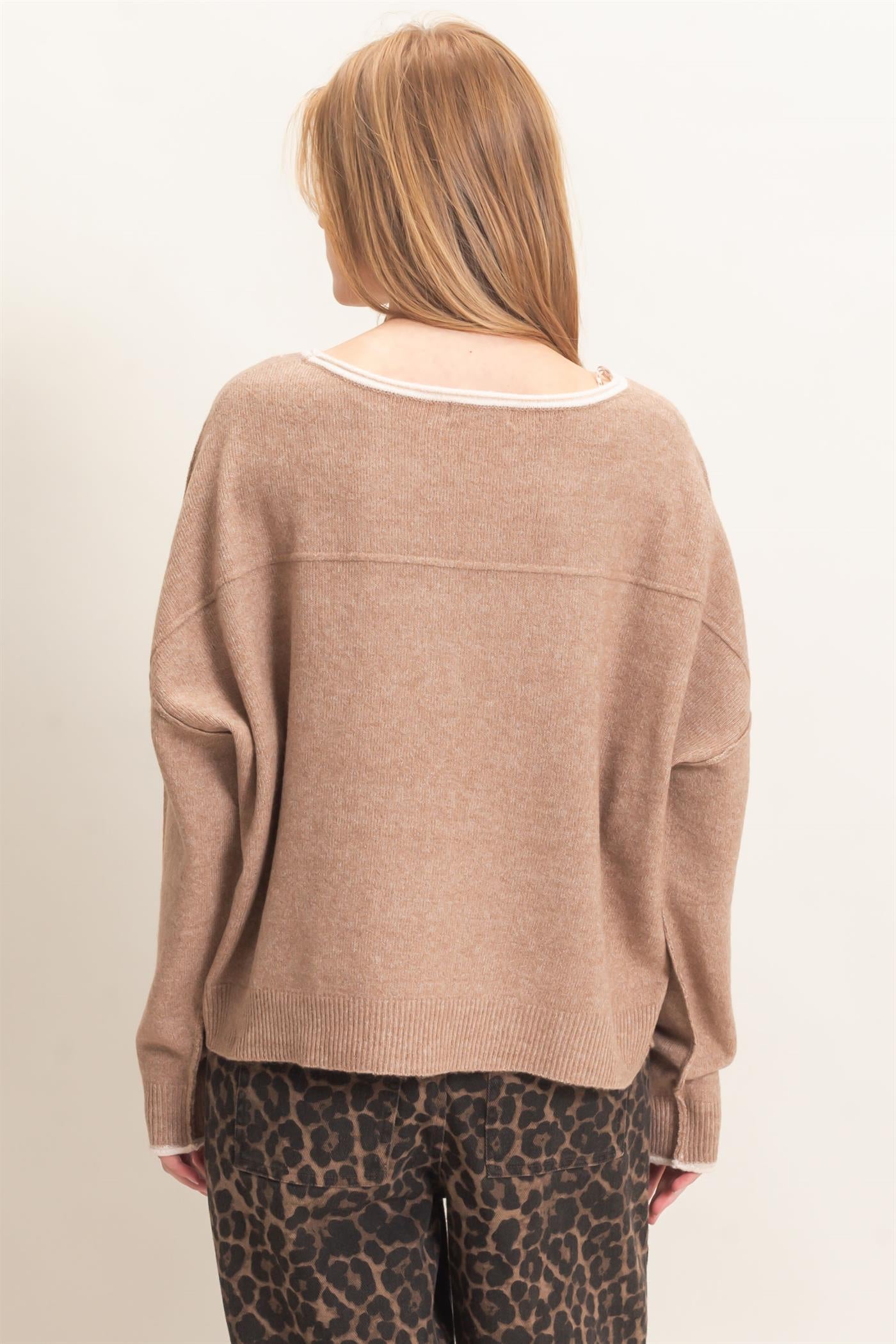 Wholesale Relaxed Wide Neck Knit Sweater Sweaters HF26E066-D LIGHT TAUPE HYFVE