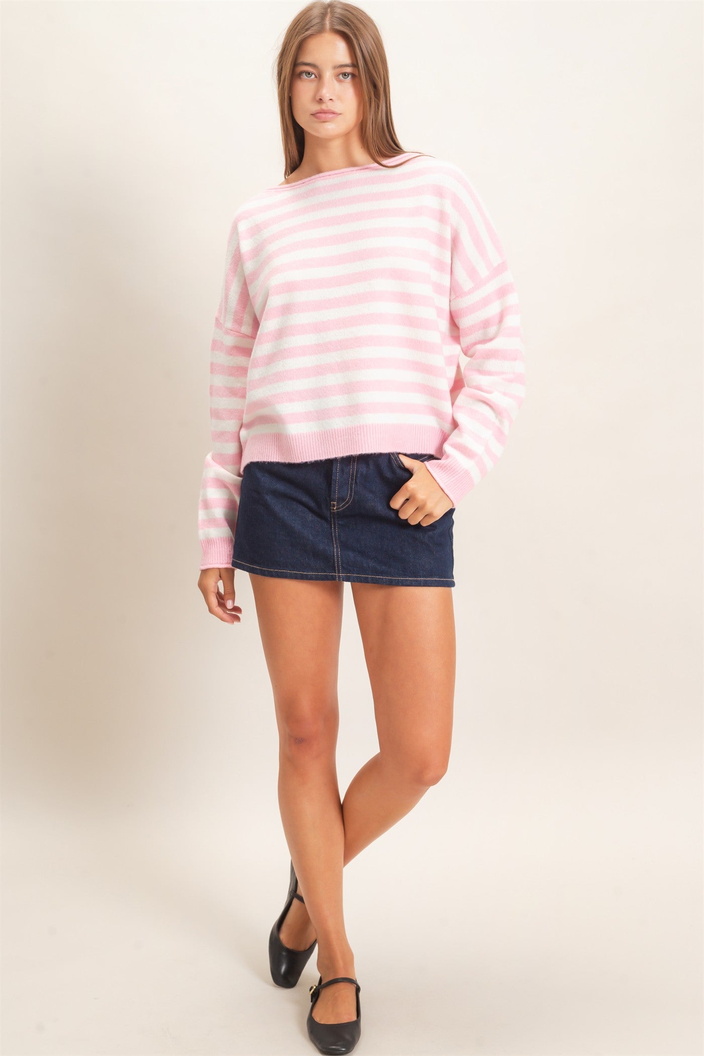 Wholesale Off The Shoulder Striped Sweater Sweaters DZ26E653 PINK DOUBLE ZERO