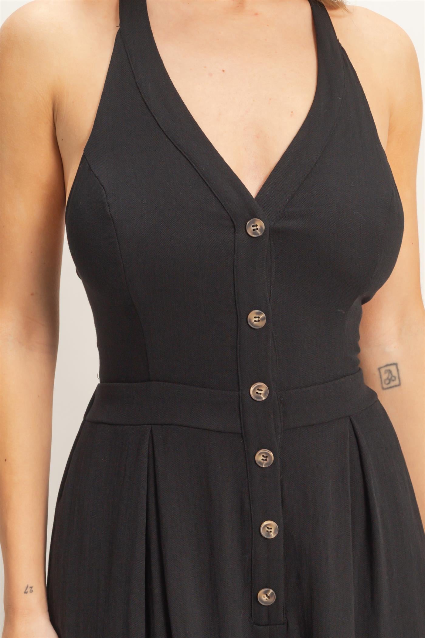 Wholesale Halter Button-Front Jumpsuit Clothing HF26A615-D BLACK HYFVE