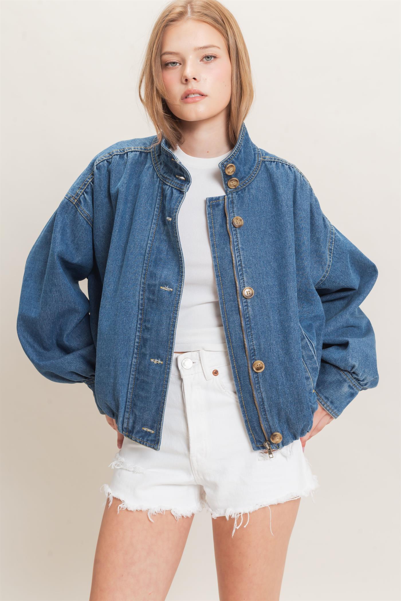 Wholesale High Collar Denim Bomber Jacket Coats & Jackets HF26E090-D LIGHT DENIM HYFVE