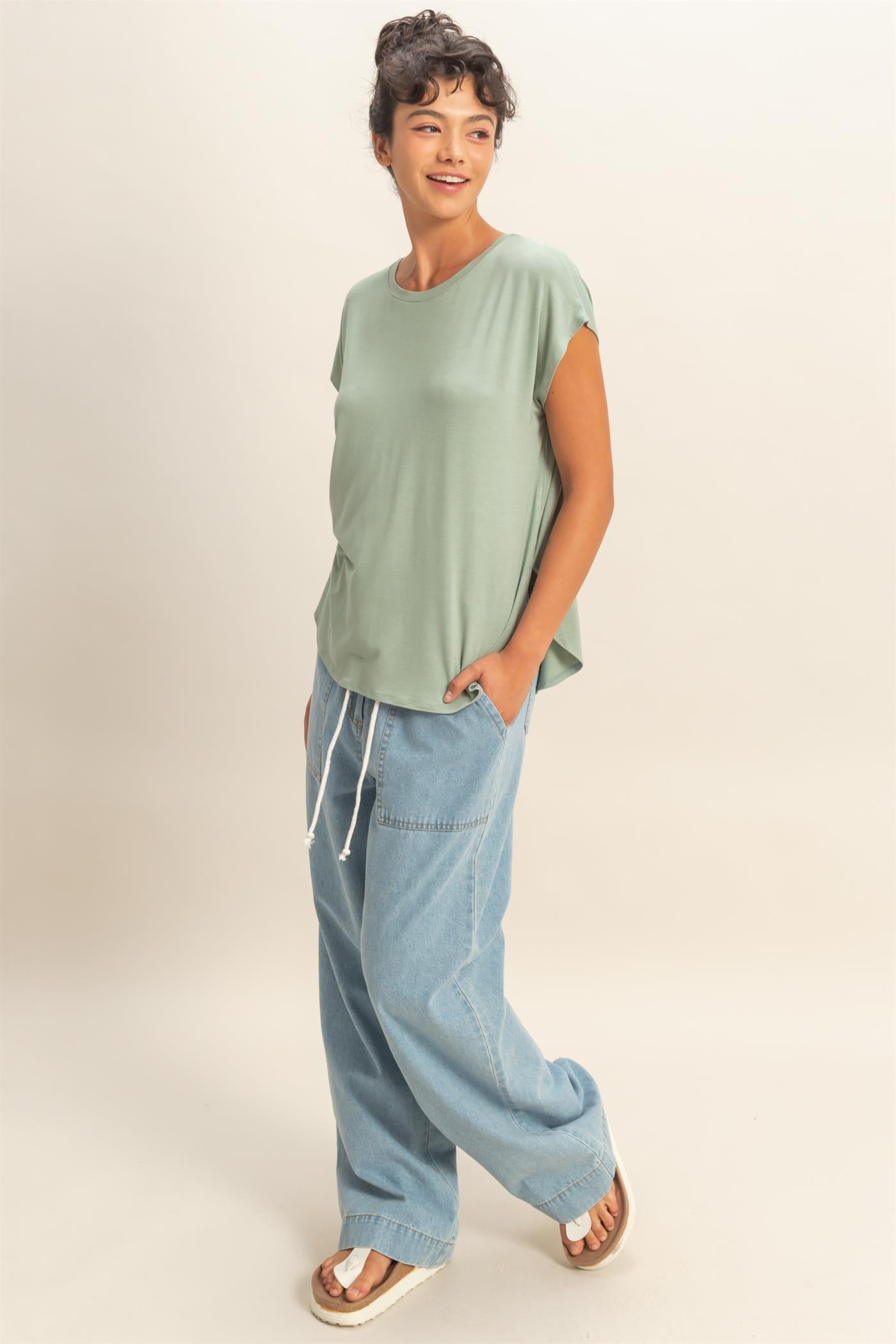 Wholesale Relaxed Dolman Short Sleeve  Round Neck Top Shirts DZ26A270 SAGE GREEN DOUBLE ZERO
