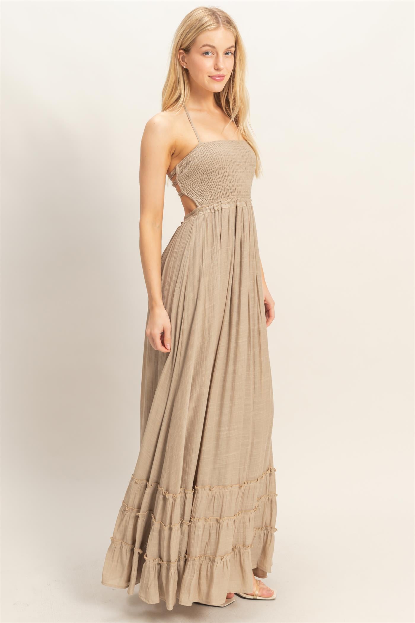Wholesale Smocked Halter Maxi Dress Dresses HF26C290-D TAUPE HYFVE