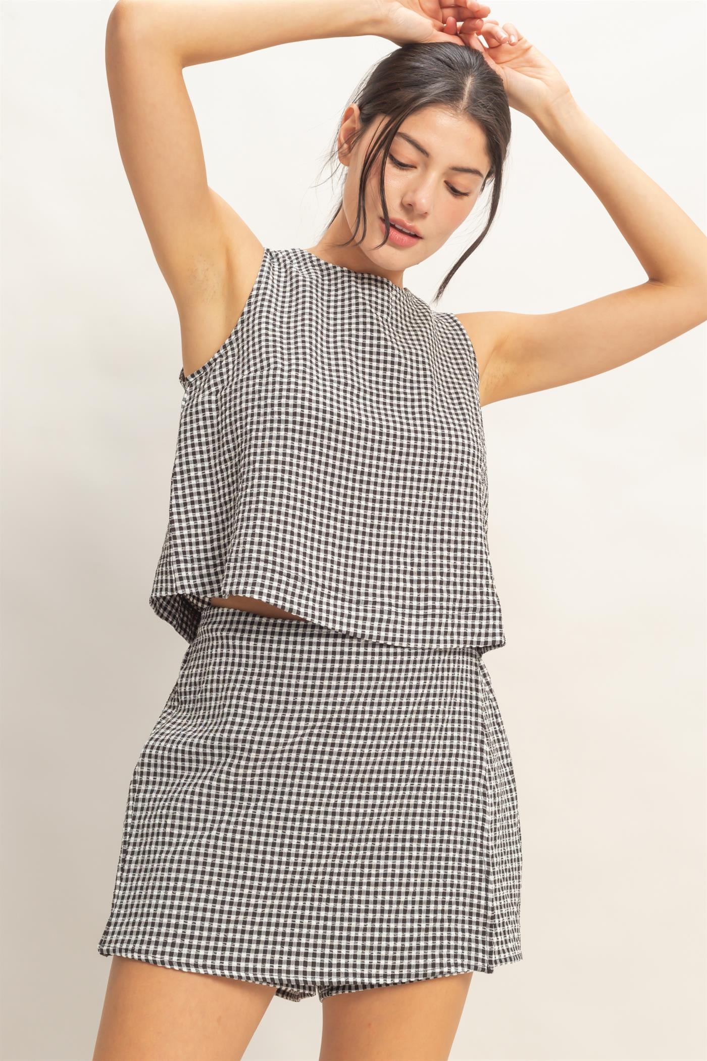Wholesale Gingham Checkered Sleeveless Top And Skort Set Clothing DZ26C688-SET BLACK DOUBLE ZERO