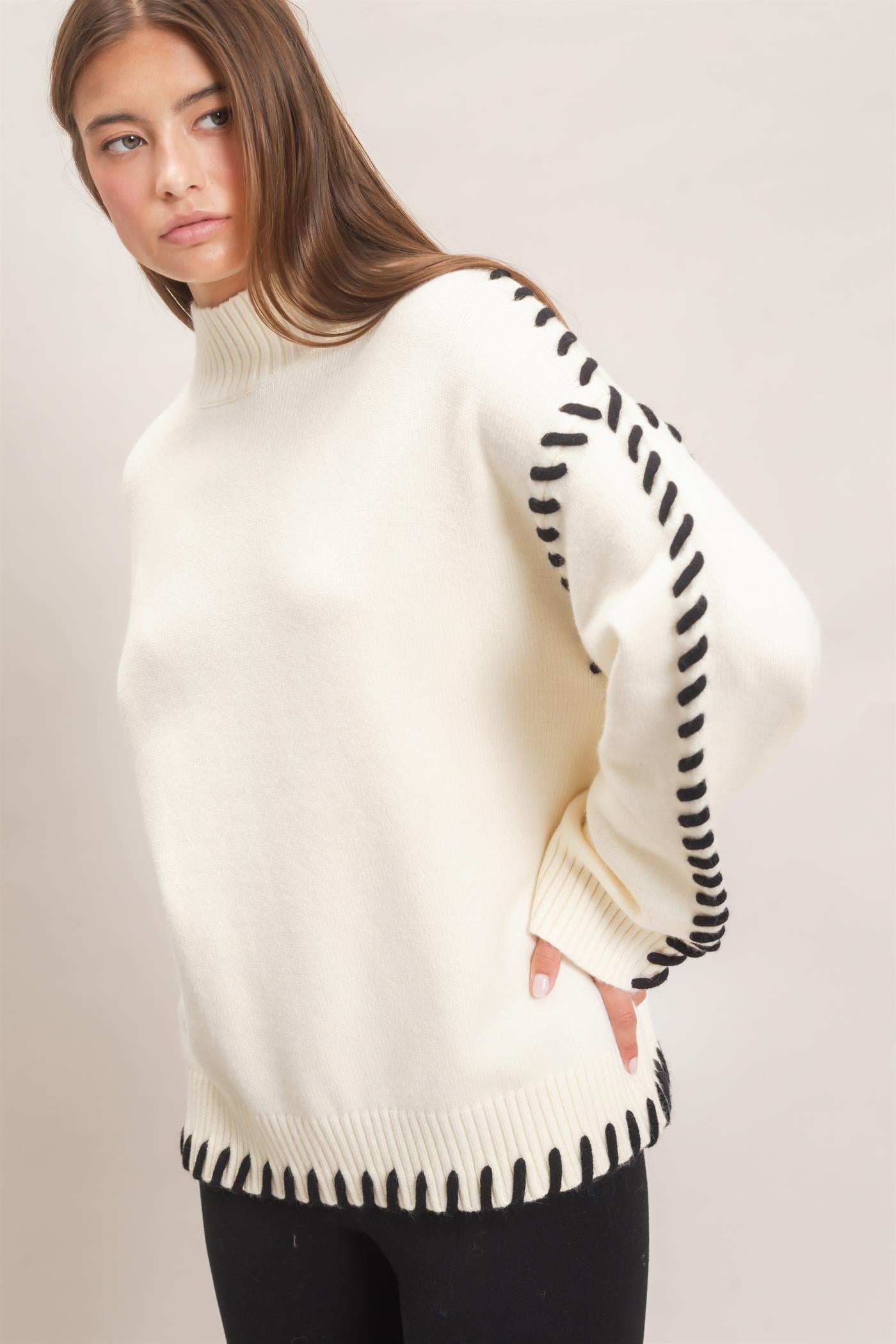 Wholesale Blanket Stitch High Neck Sweater Sweaters DZ27A190 CREAM DOUBLE ZERO