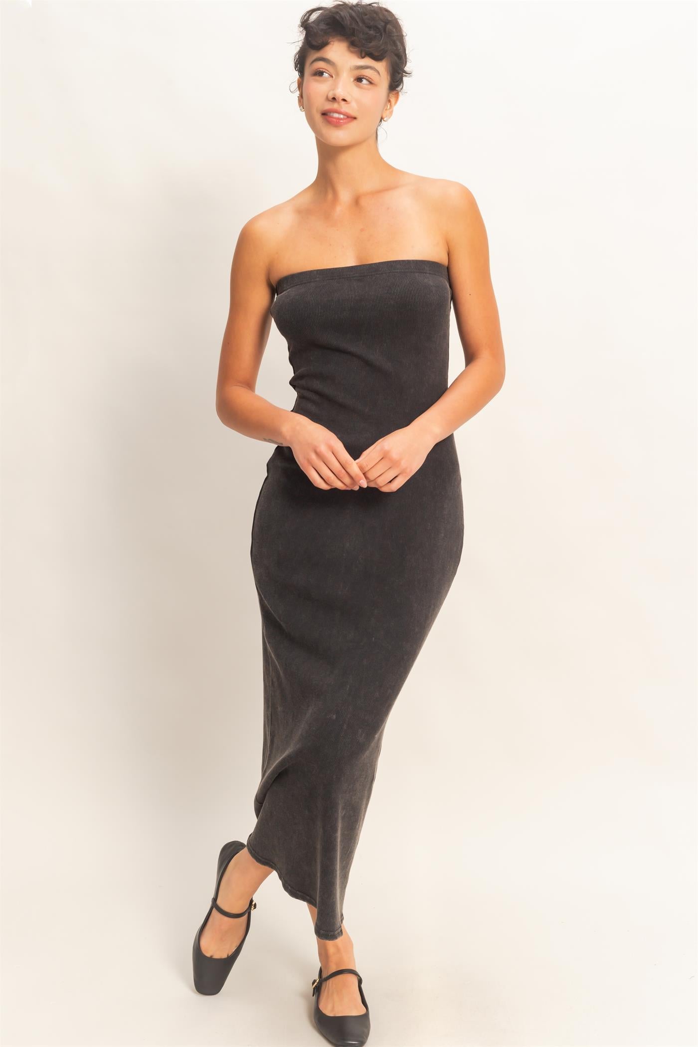 Wholesale Acid Washed Ribbed Midi Tube Dress Dresses DZ26C620 BLACK DOUBLE ZERO