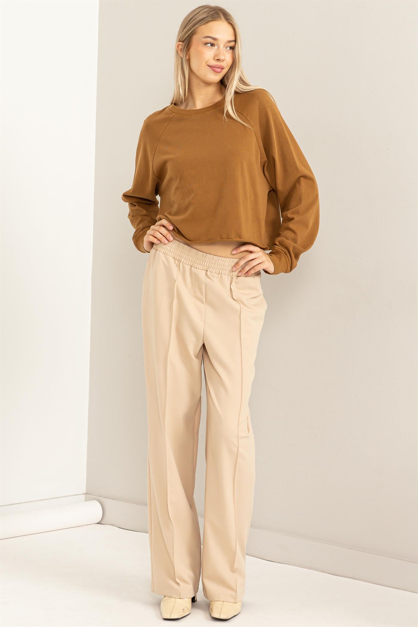 Wholesale Raglan Long Sleeve Top Clothing Tops DZ23G286 PALE BROWN DOUBLE ZERO