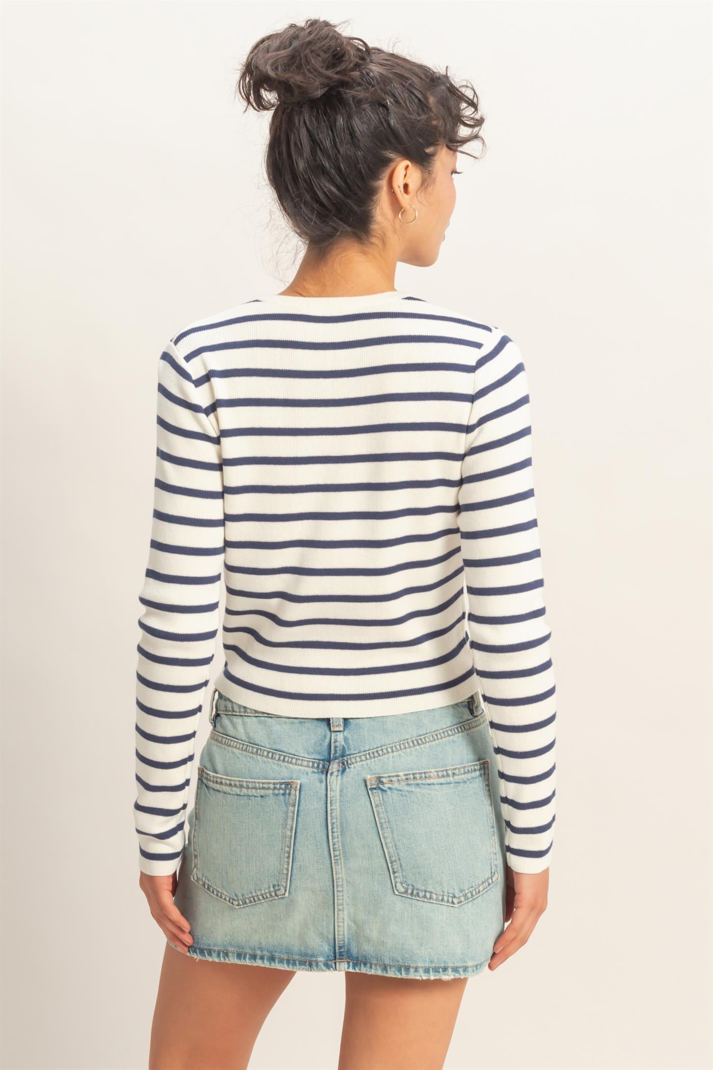 Wholesale Striped Button-Up Cardigan Cardigans DZ26C166 NAVY DOUBLE ZERO