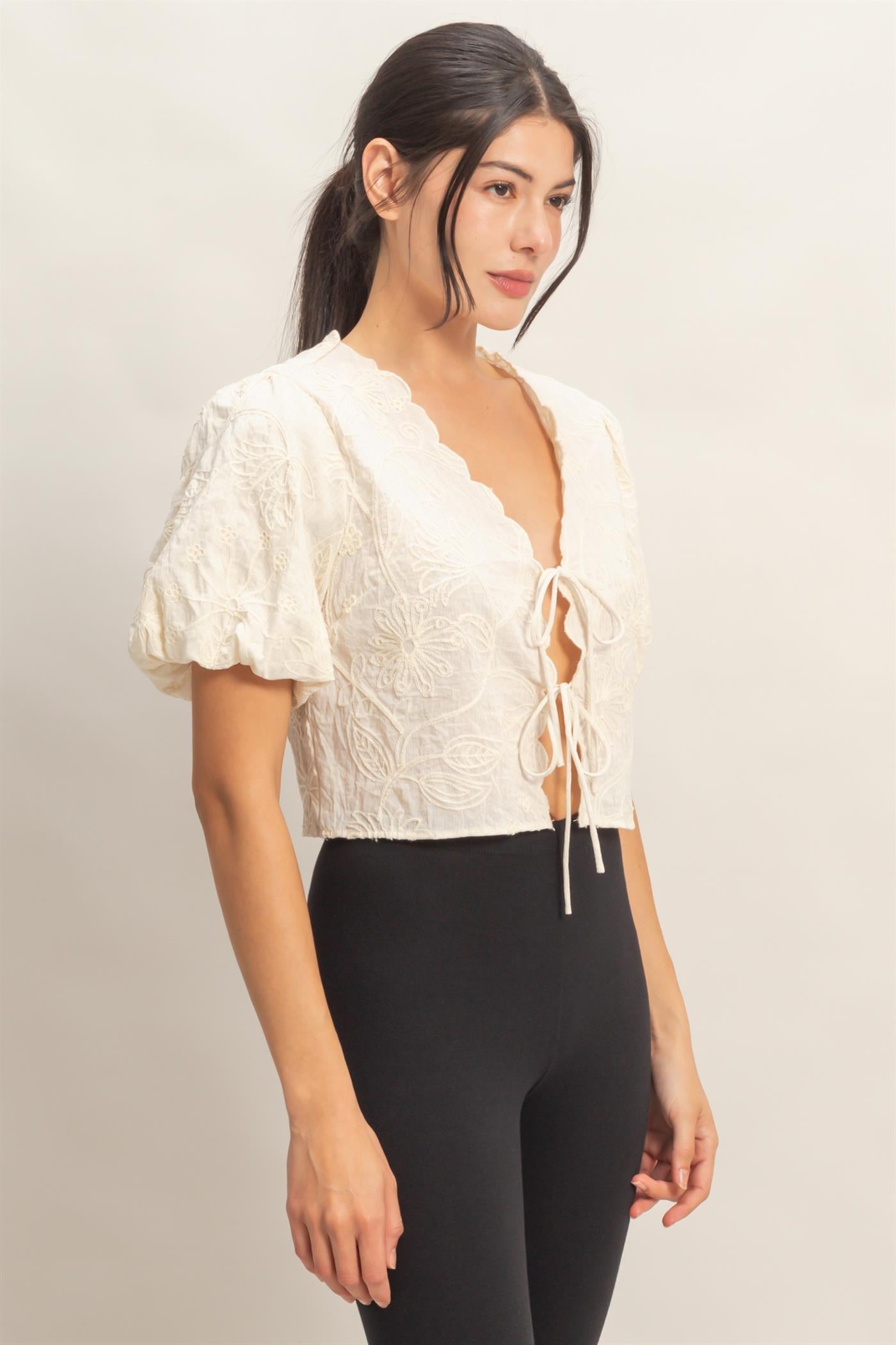 Wholesale Floral Embroidered Tie-Front Top Blouses HF26C556-D CREAM HYFVE