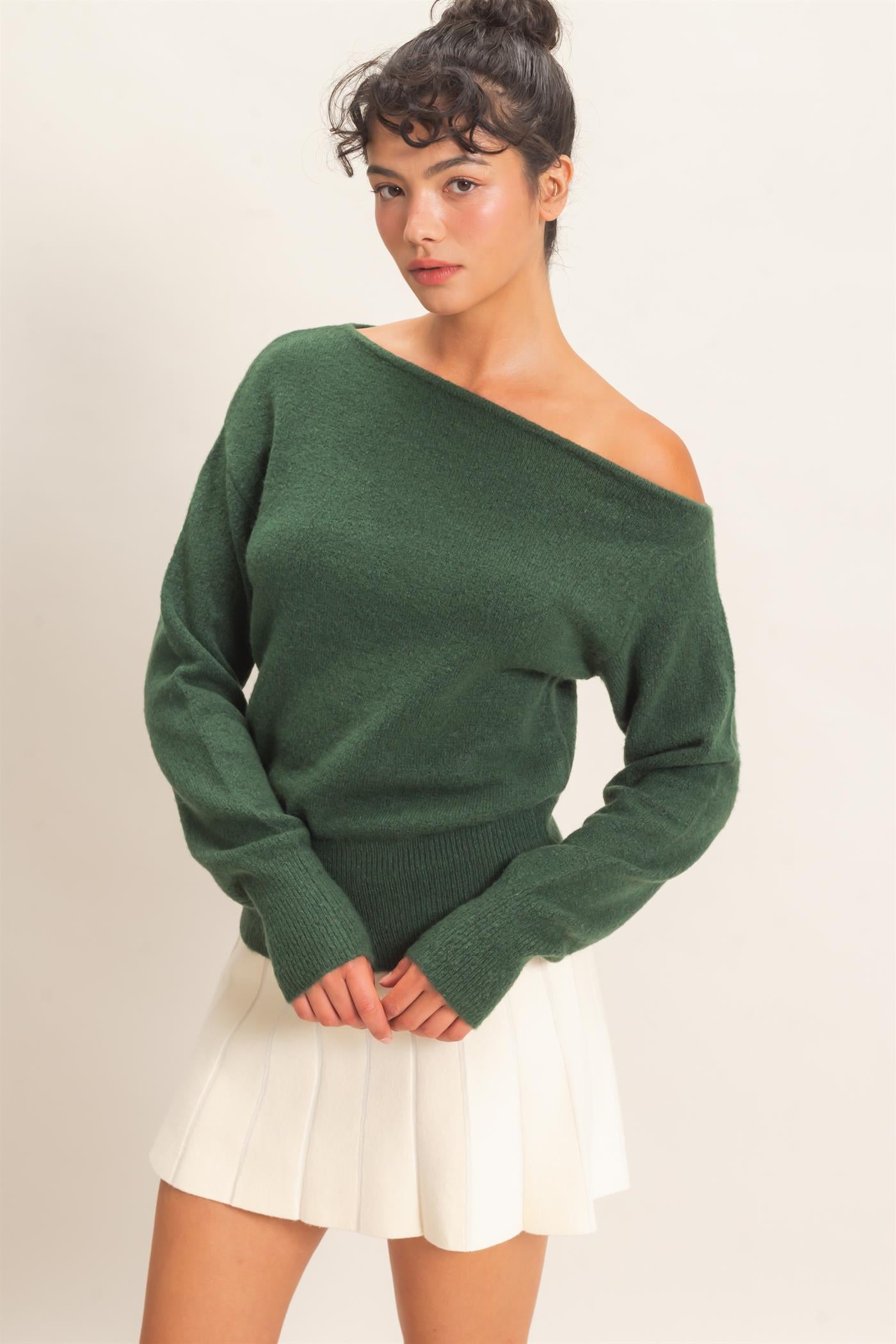 Wholesale Off The Shoulder Sweater Top Sweaters DZ26F290 DARK GREEN DOUBLE ZERO