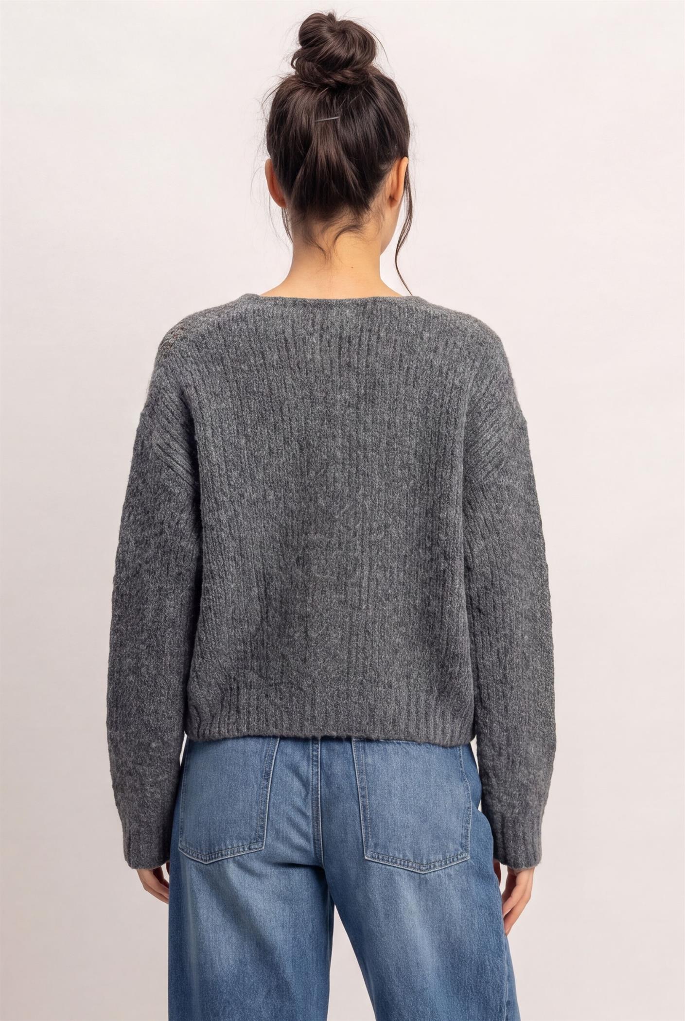 Wholesale Cable Knit V-Neck Sweater Sweaters DZ26E107 CHARCOAL DOUBLE ZERO