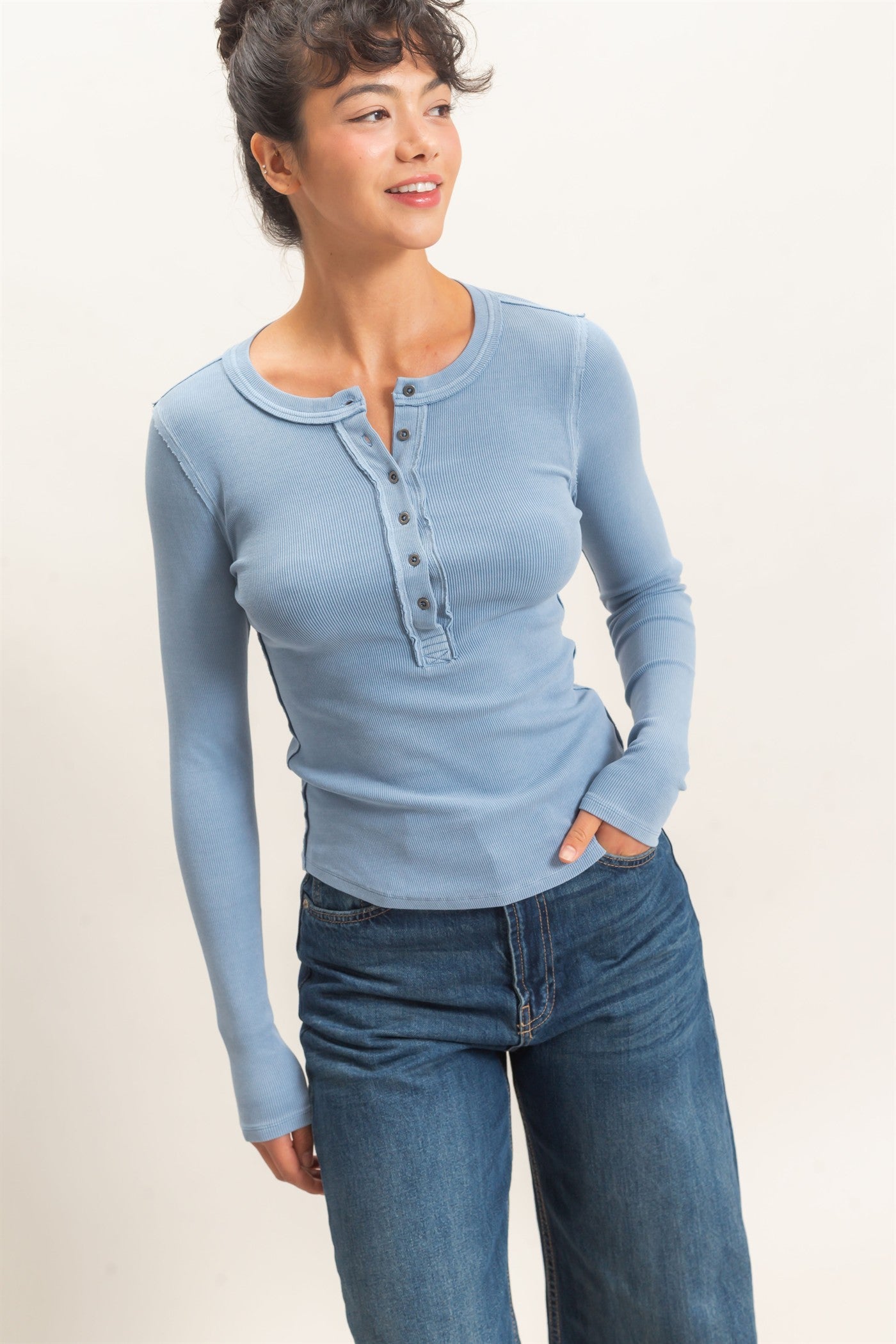 Wholesale Pigment Dye Henley Long Sleeve Top Clothing Tops DZ26C882 DUSTY BLUE DOUBLE ZERO