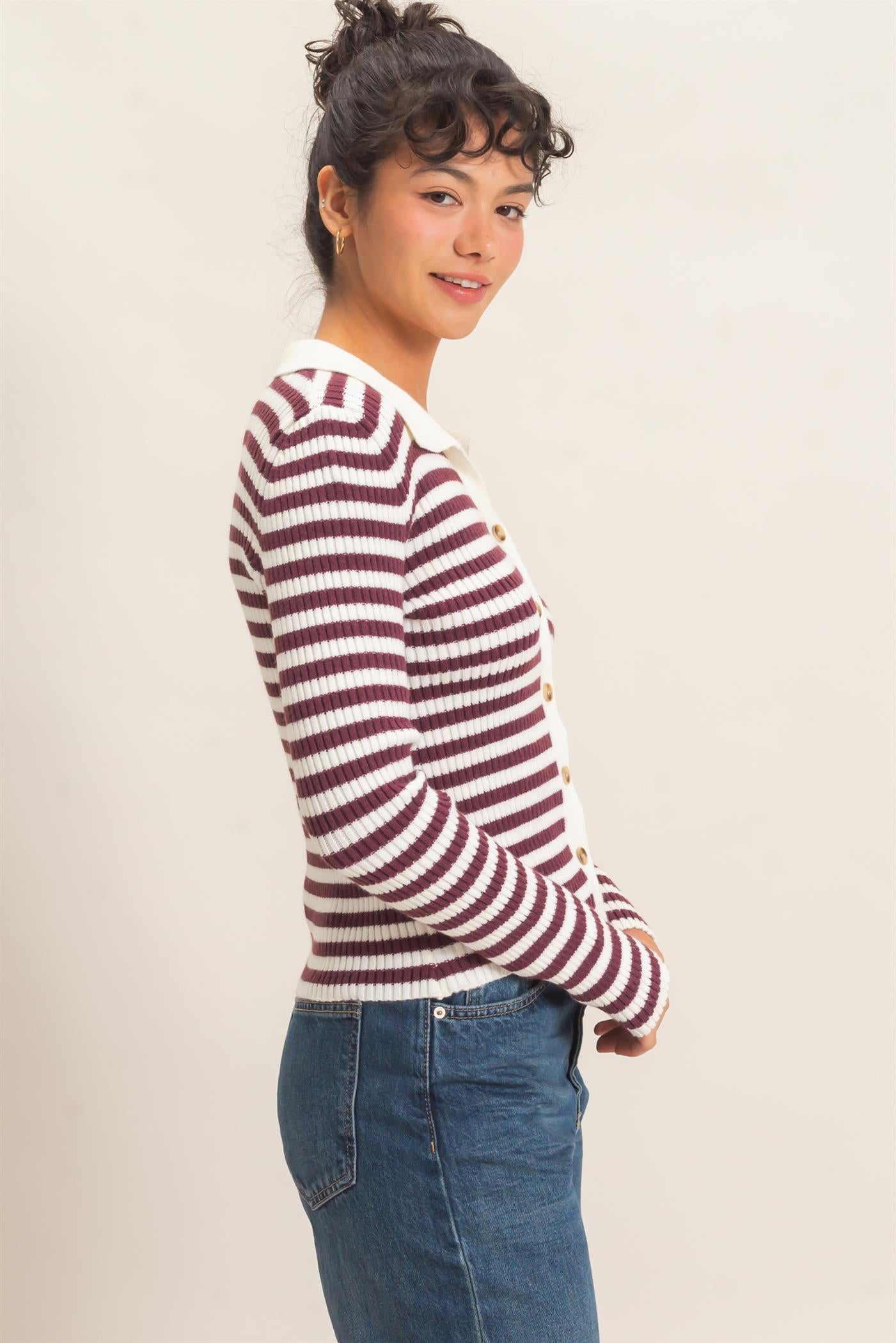 Wholesale Ribbed Striped Polo Knit Top Clothing Tops DZ26E099 DARK CHERRY DOUBLE ZERO