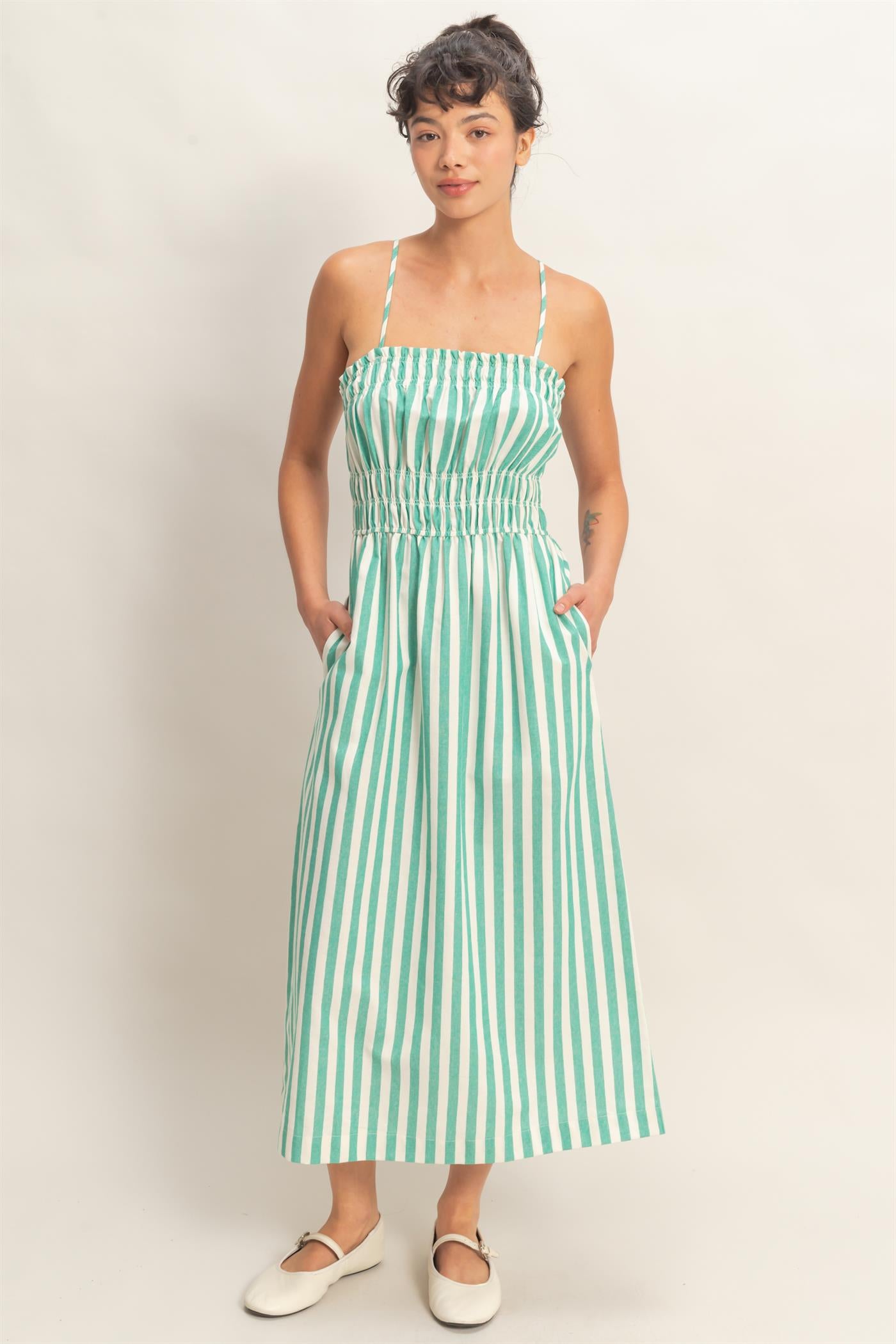 Wholesale Striped Spaghetti Strap Smocking Midi Dress Dresses DZ26C191 GREEN DOUBLE ZERO