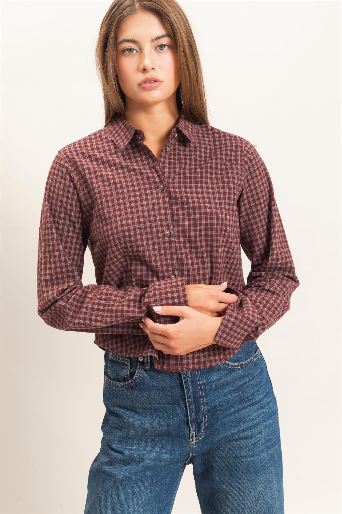 Wholesale Plaid Long Sleeve Shirt Shirts DZ26E910 BURGUNDY DOUBLE ZERO