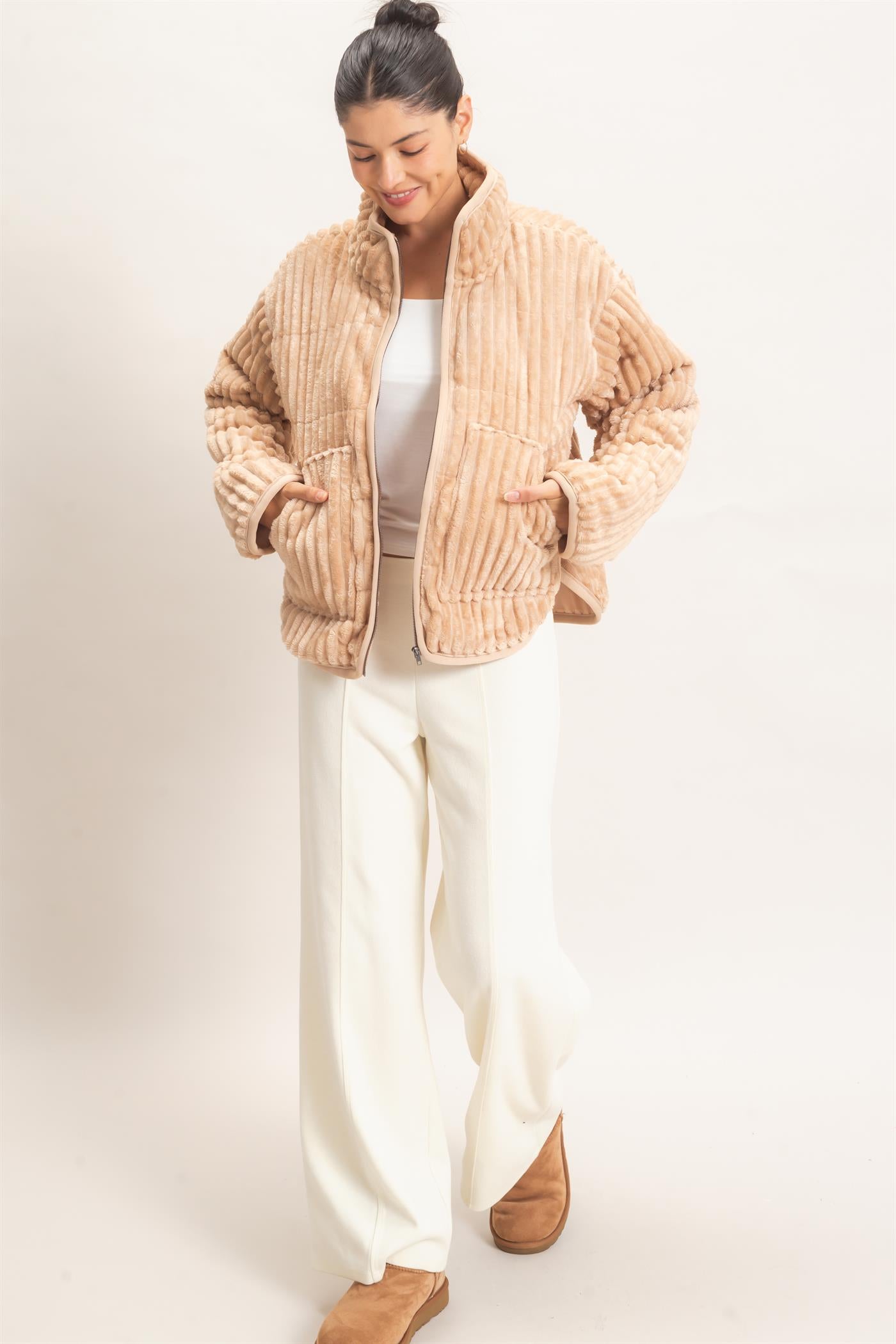 Wholesale Quilted Corduroy Zip-Up Jacket Coats & Jackets HF26E753 BEIGE HYFVE