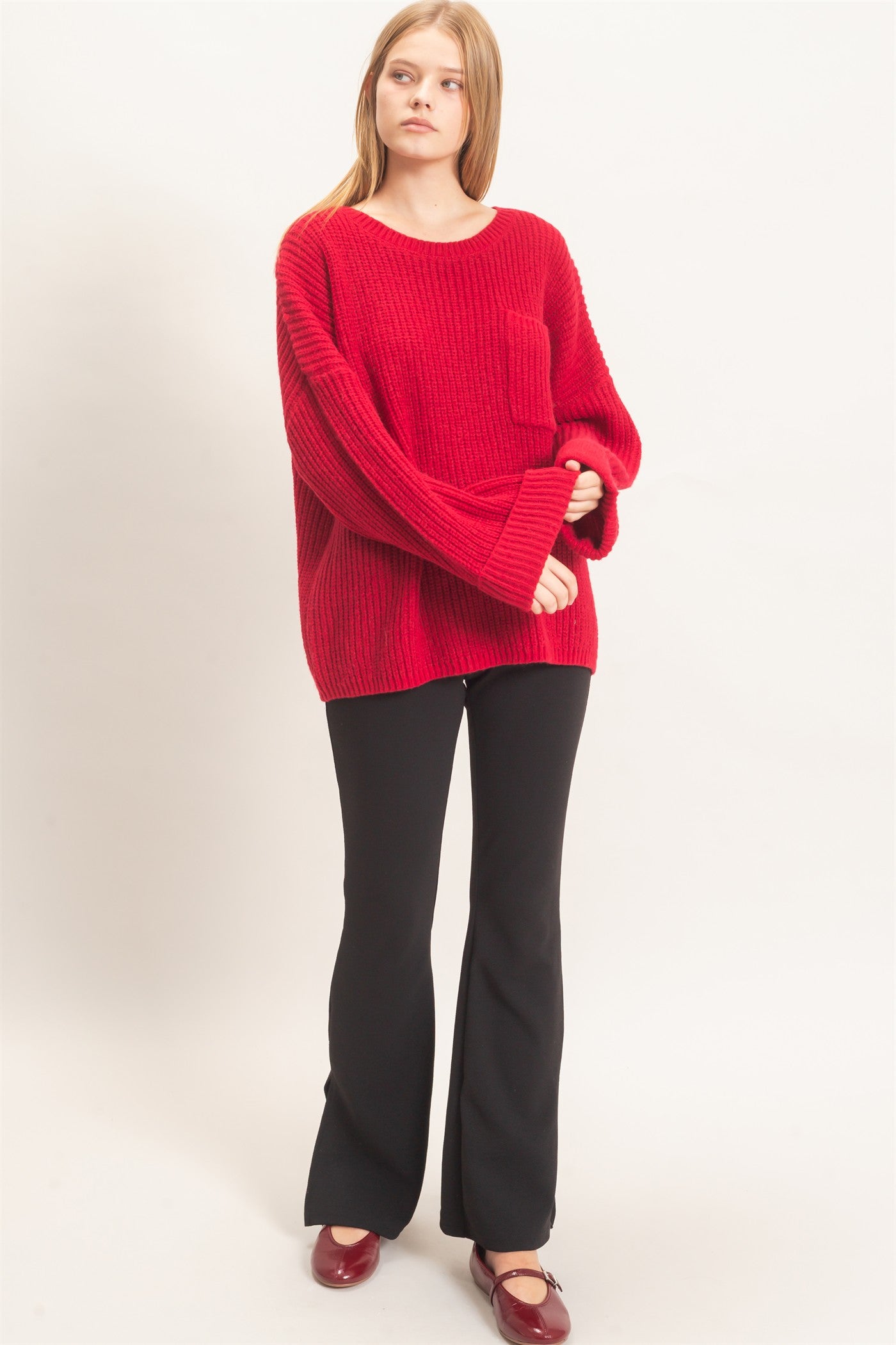 Wholesale Ribbed Knit Patch Pocket Sweater Sweaters HF26F177 BURGUNDY HYFVE