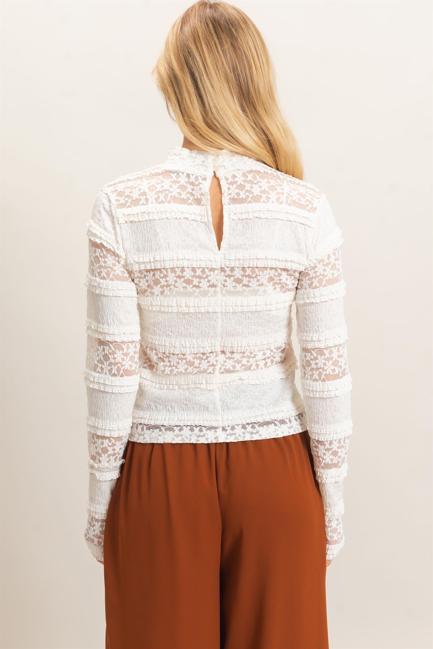 Wholesale Textured Lace High Neck Top Clothing Tops HF26C769 IVORY HYFVE