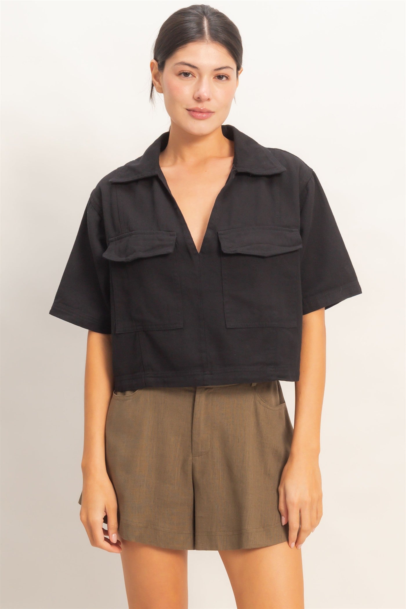 Wholesale Collared V-Neck Top Clothing Tops HF26E444 BLACK HYFVE