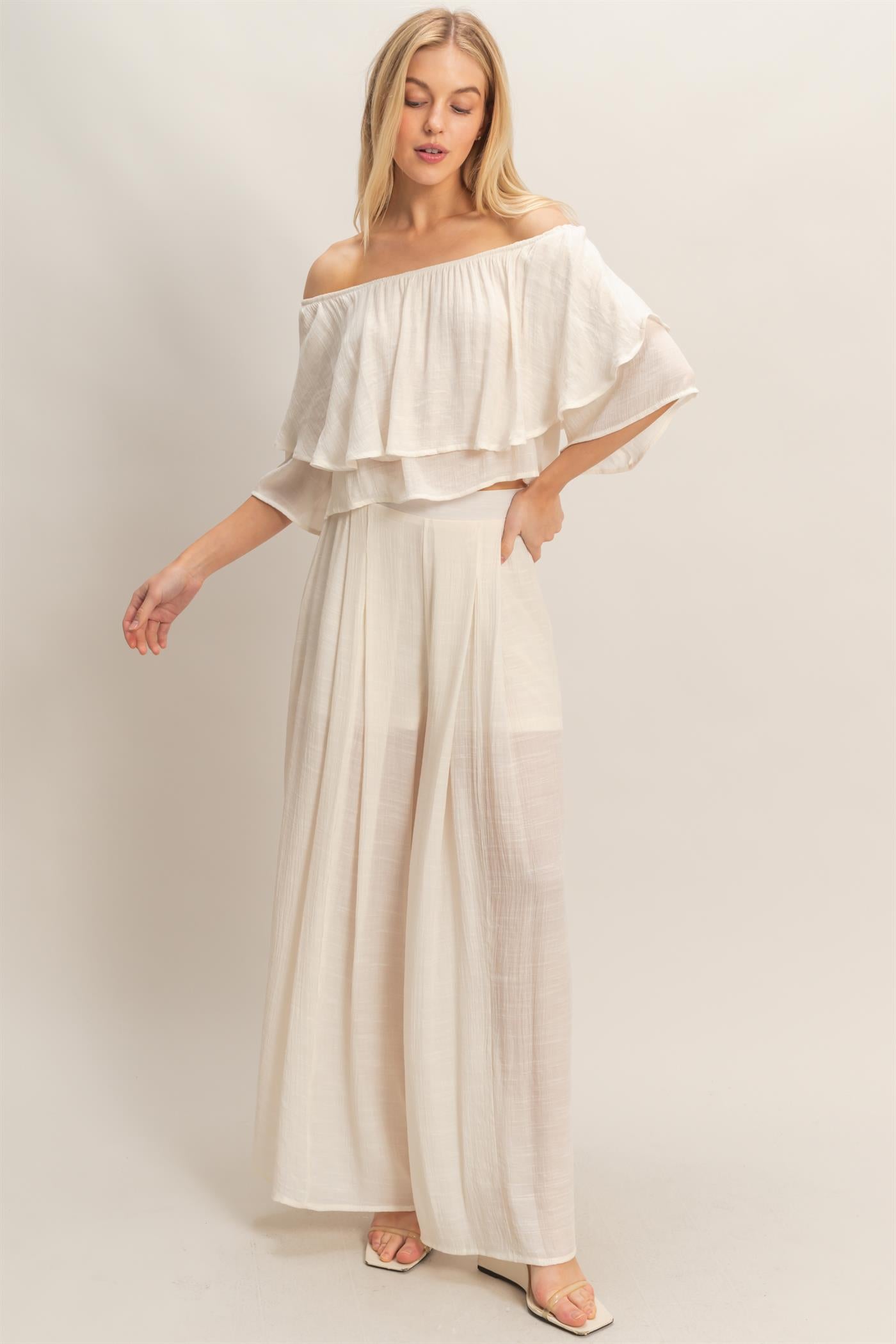 Wholesale Off Shoulder Top & Pleated Pant Set Clothing HF26C291-SET-D CREAM HYFVE
