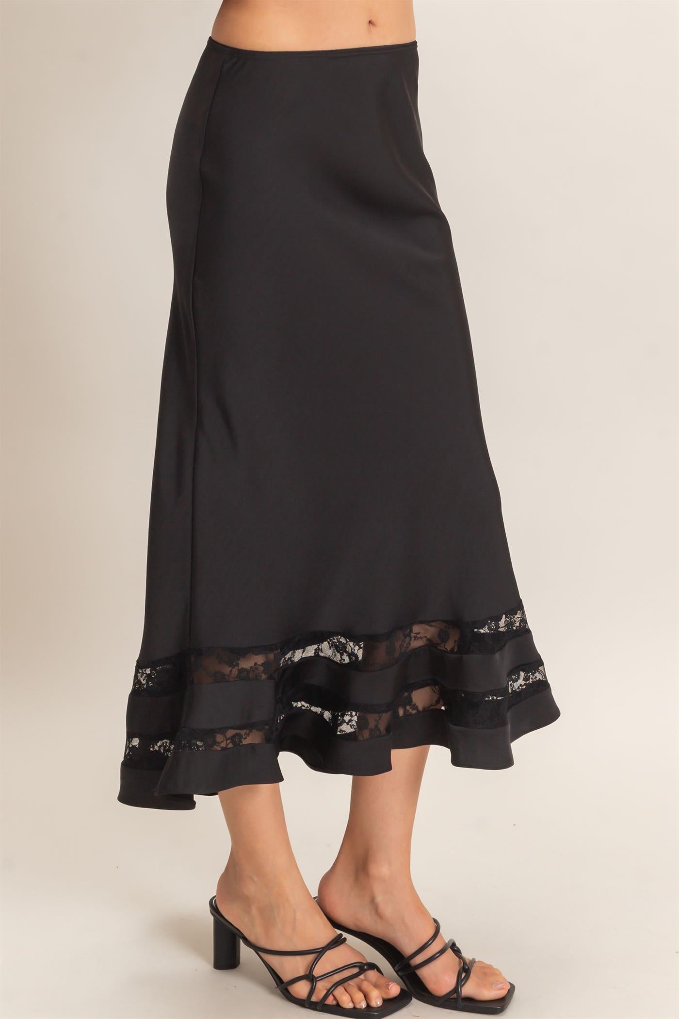 Wholesale Bias Cut Satin Skirt With Lace Hem Skirts HF26E306 BLACK HYFVE