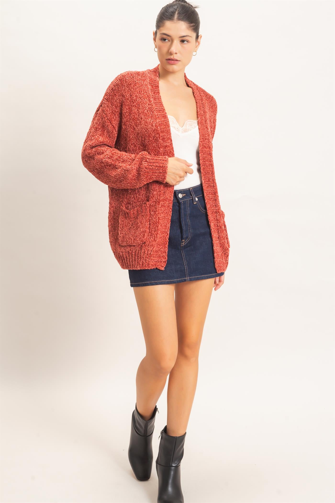 Wholesale Patch Pocket Chenille Cardigan Cardigans HF26E839 RUST HYFVE