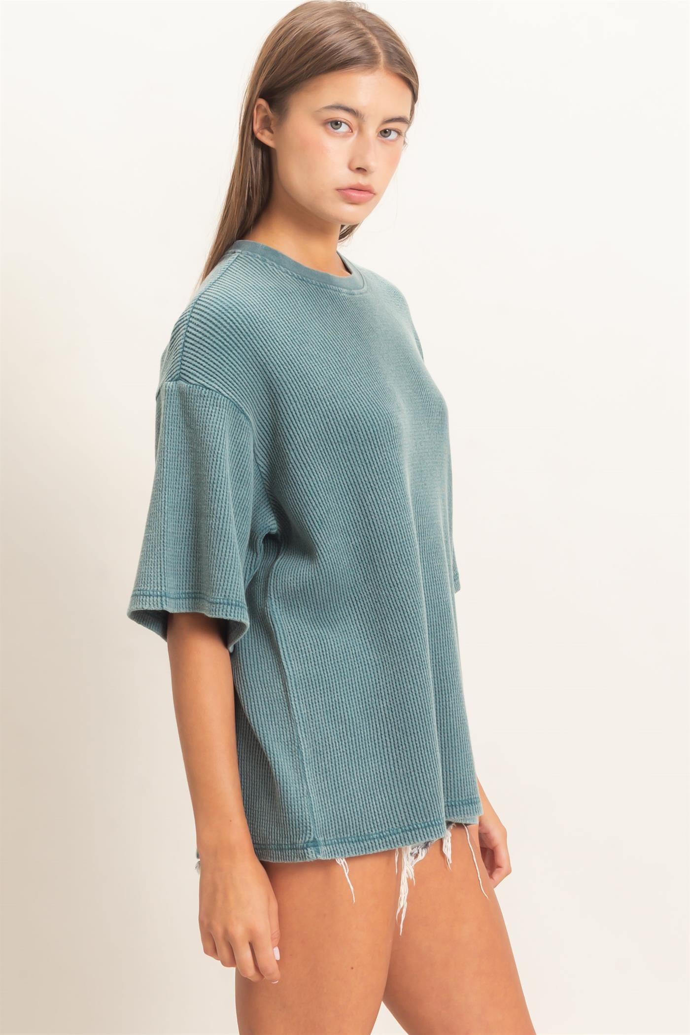 Wholesale Mineral Wash Waffle Crew Neck Short Sleeve Top Clothing Tops DZ26E328 DARK TEAL DOUBLE ZERO