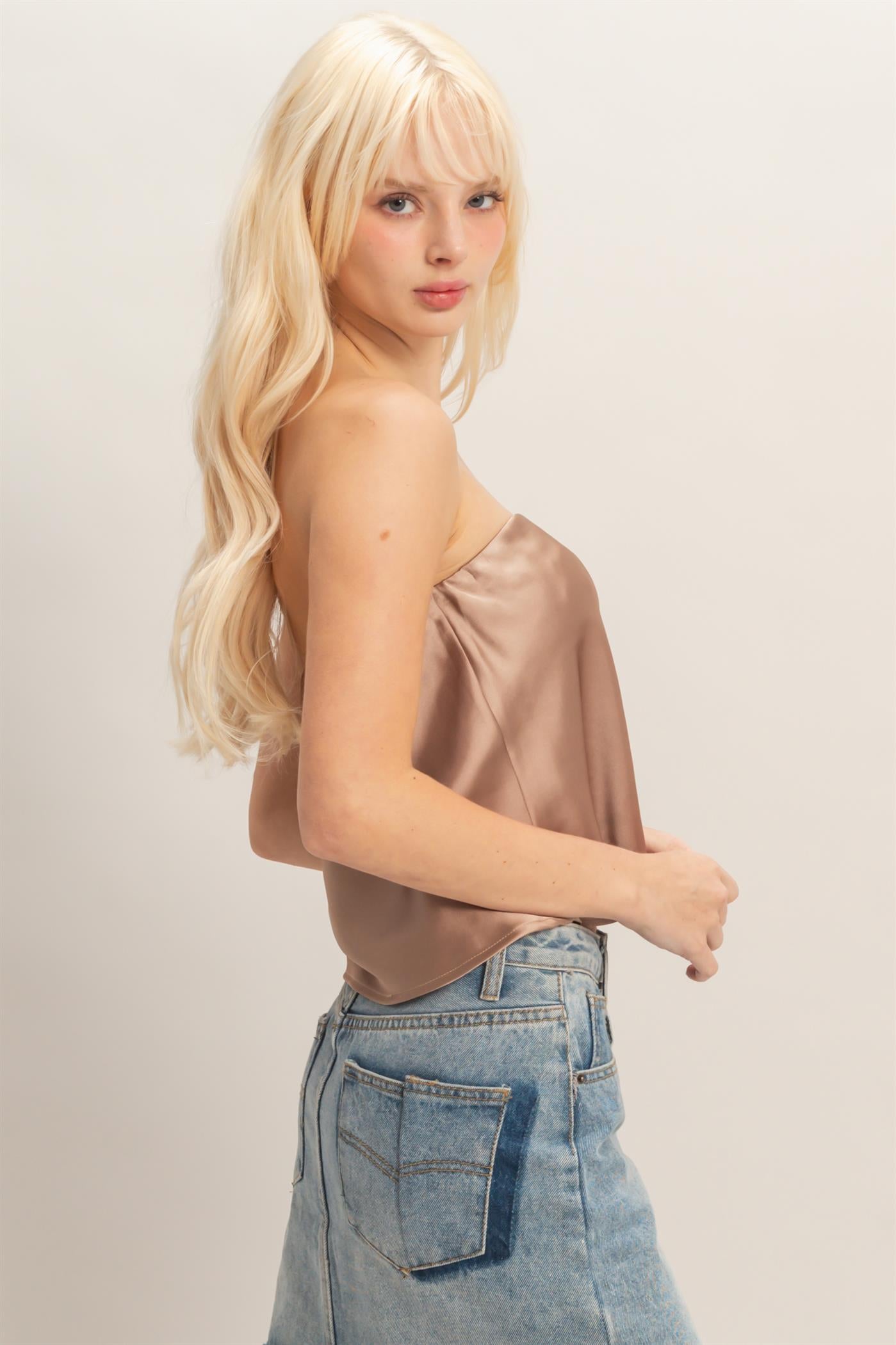 Wholesale Satin Strapless Tube Top Clothing Tops DZ26C398 DARK TAUPE DOUBLE ZERO