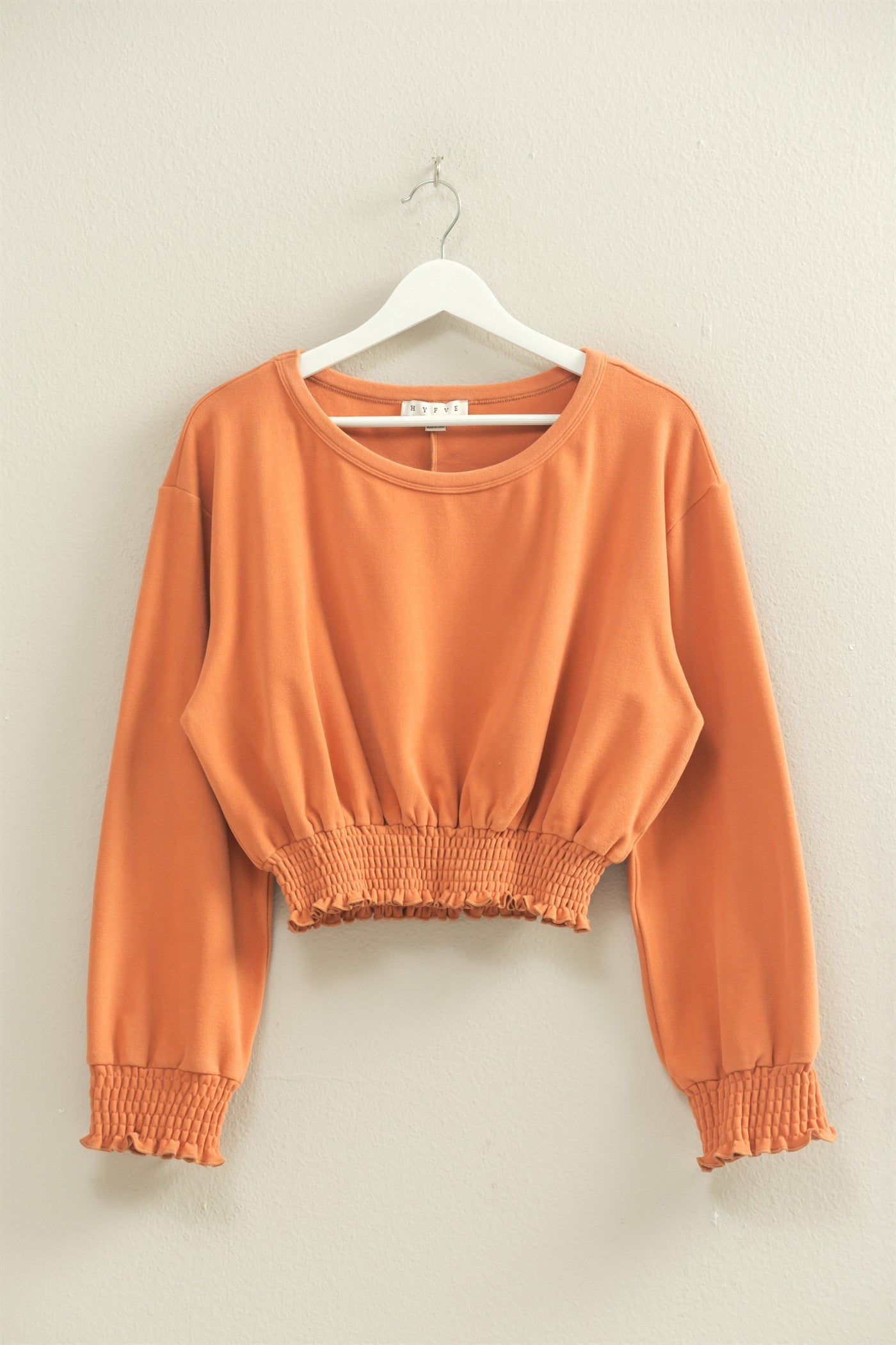 Wholesale Brushed Knit Smocked Crop Top Clothing Tops HF24C116 CARAMEL HYFVE