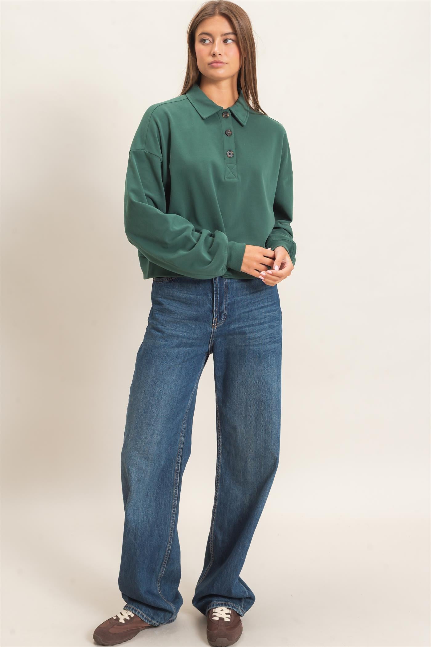 Wholesale Washed Button-Front Collared Sweatshirt Sweatshirts DZ26E390 DARK GREEN DOUBLE ZERO