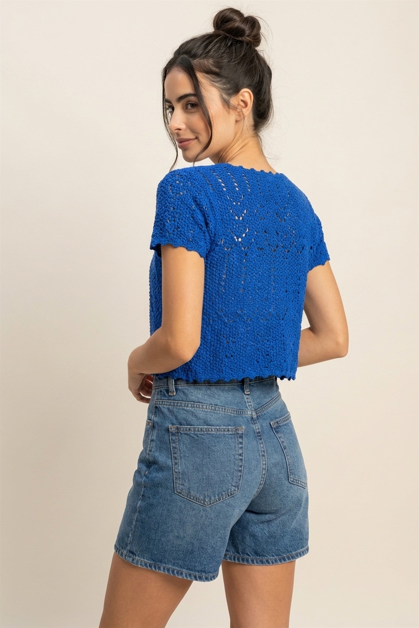 Wholesale Pointelle Tie Front Knit Cardigan Clothing Tops DZ24C268 COBALT DOUBLE ZERO