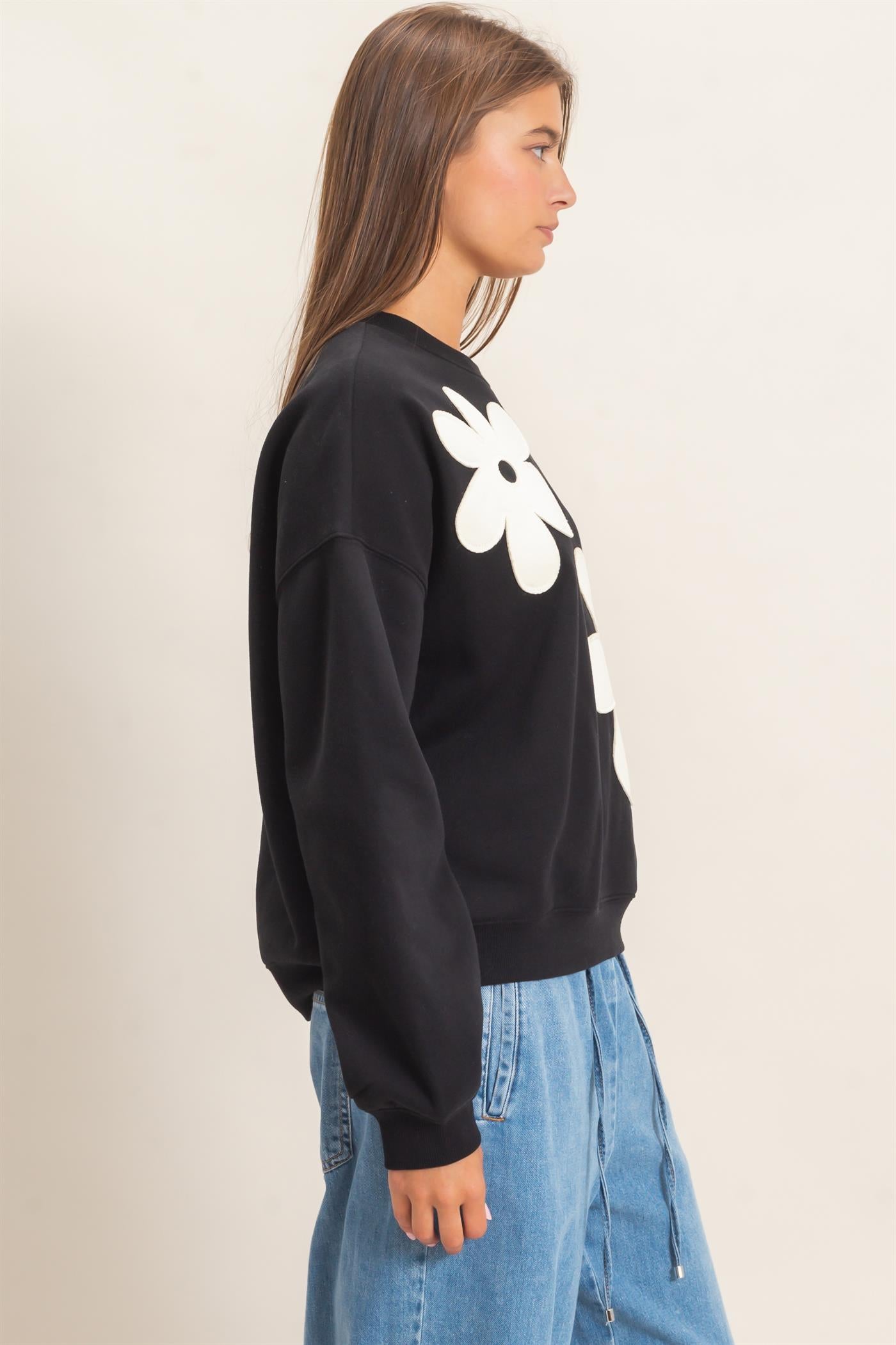 Wholesale Floral Applique Crew Neck Sweatshirt Sweatshirts DZ26E708 BLACK DOUBLE ZERO