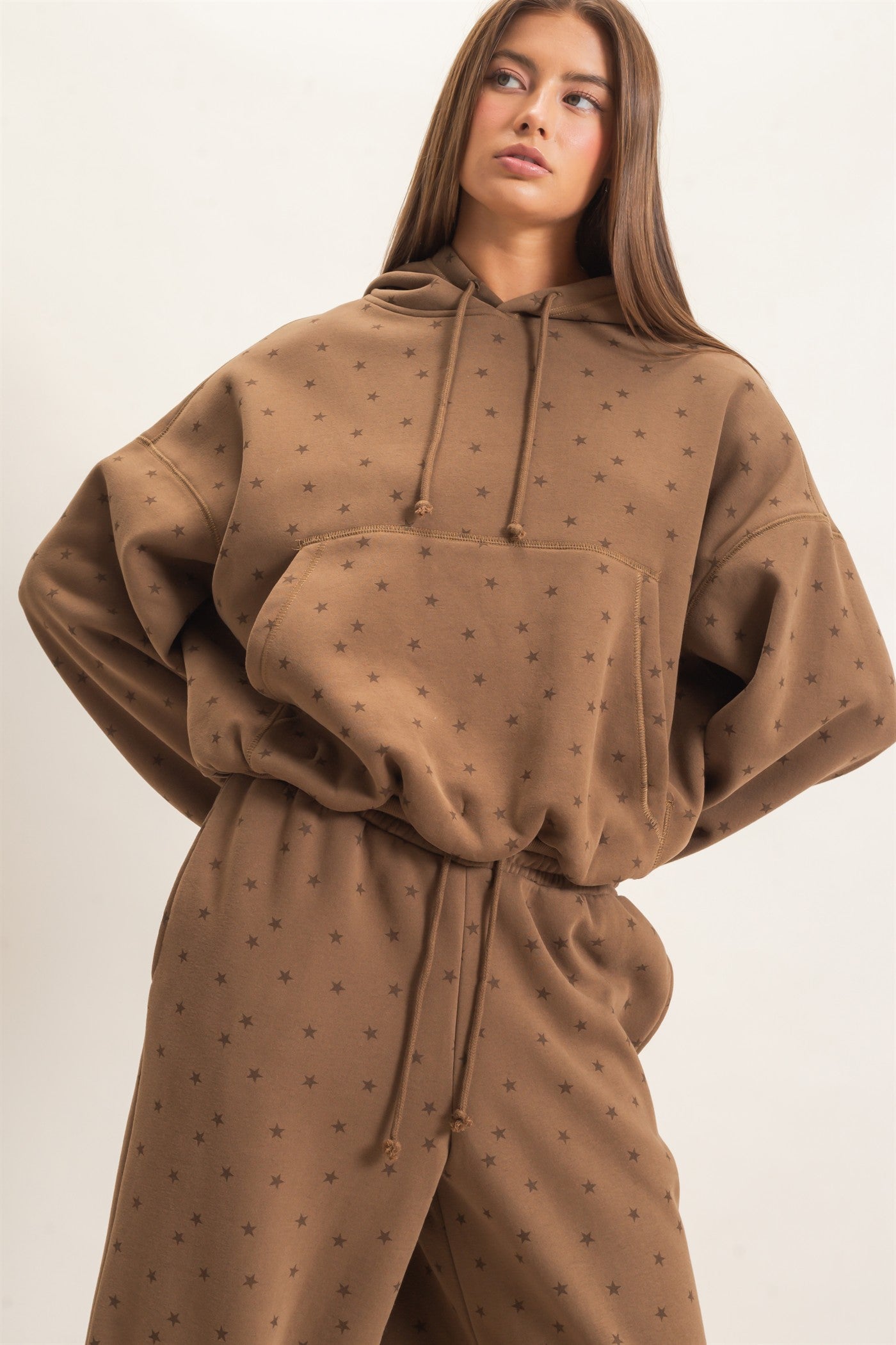 Wholesale Star Print Bubble Hoodie Hoodies DZ26C911 MOCHA DOUBLE ZERO